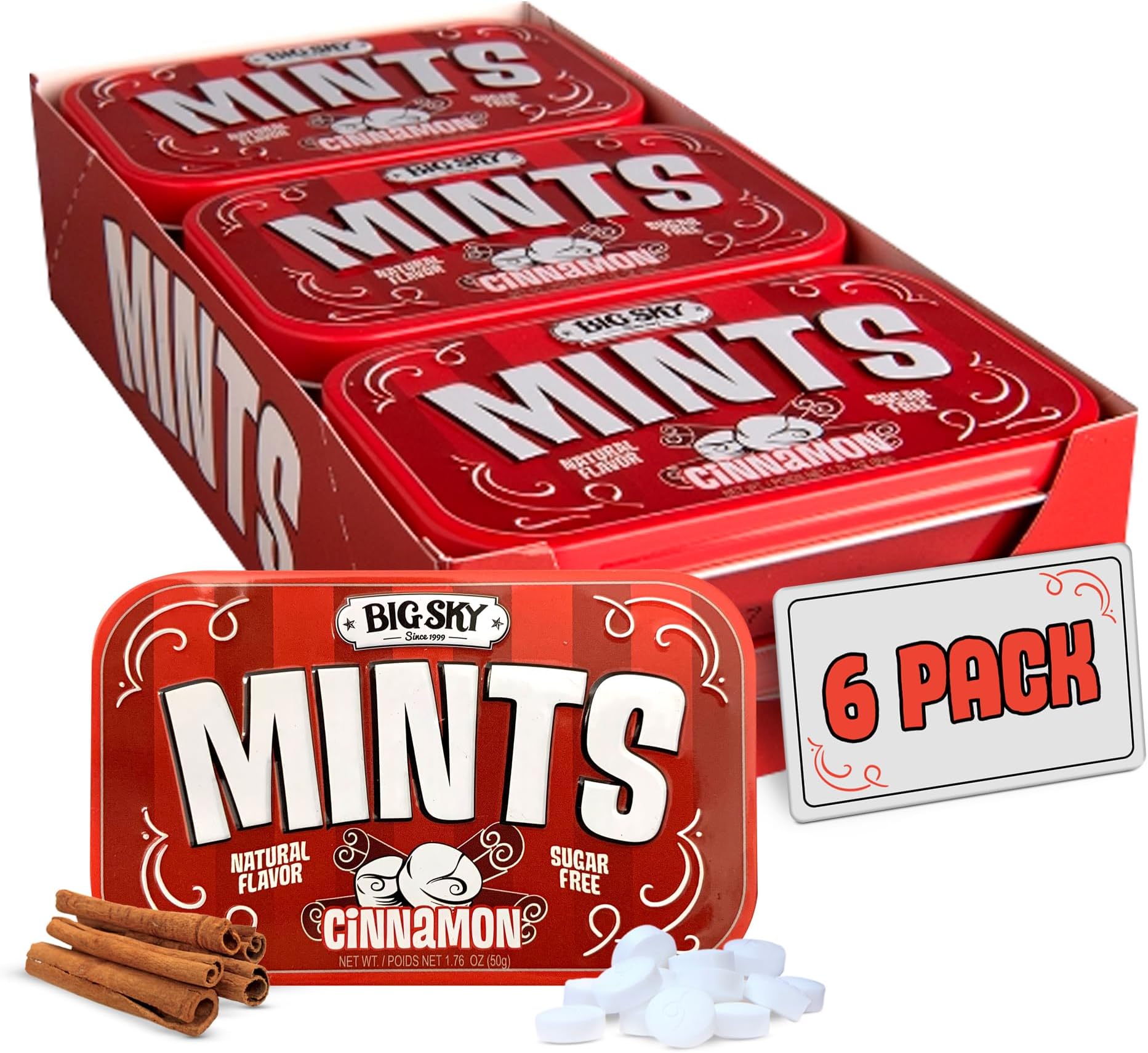 Sugar Free Cinnamon Mints - 50 Count Tin (Pack of 6) | Kosher Certified, Vegan Cinnamon Candy | Aspartame & Gluten Free | Natural Breath Mints for Travel & Sharing, Long Lasting Freshness
