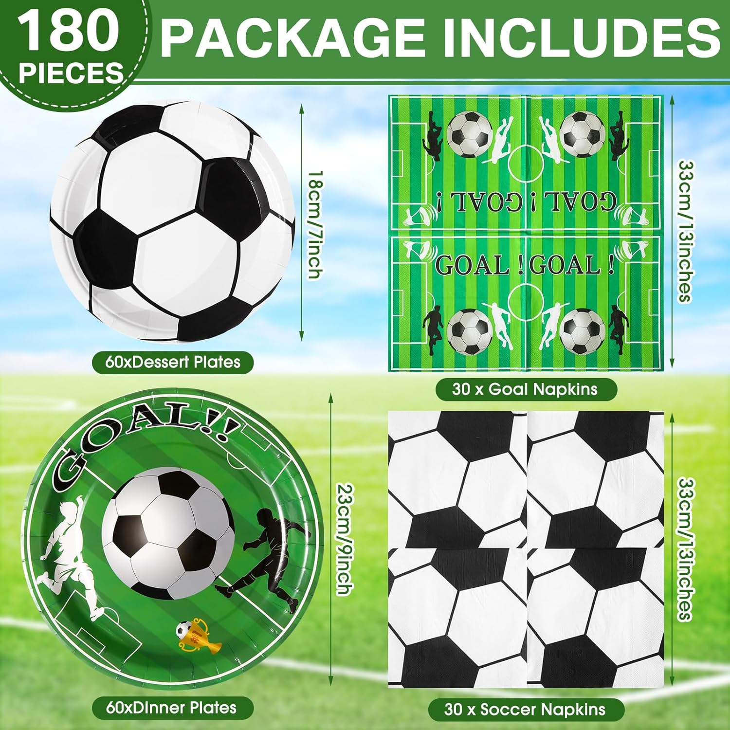 180 Pcs Soccer Party Plates and Napkins 7'' and 9'' Soccer Decorations Football Paper Disposable Football Party Supplies Tableware Set for Sports Birthday Serve 60 - Image 3