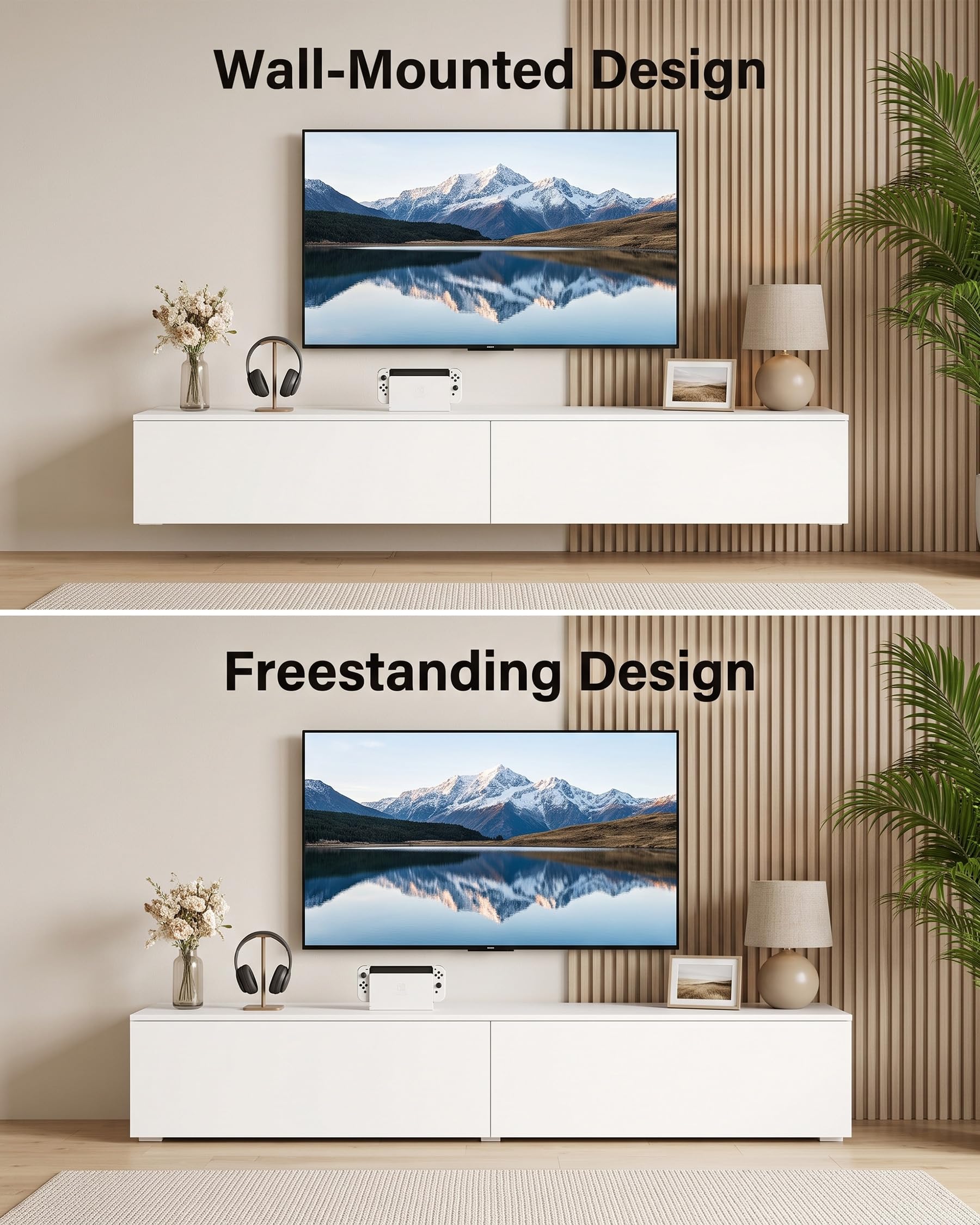 Hitsuki Mueble TV Suspendido Blanco 180 cm Moderno para Salón Grande | 2 cajones y amplio almacenaje, montaje en pared o sobre el suelo; ideal como mesa de televisión y mueble bajo para salón