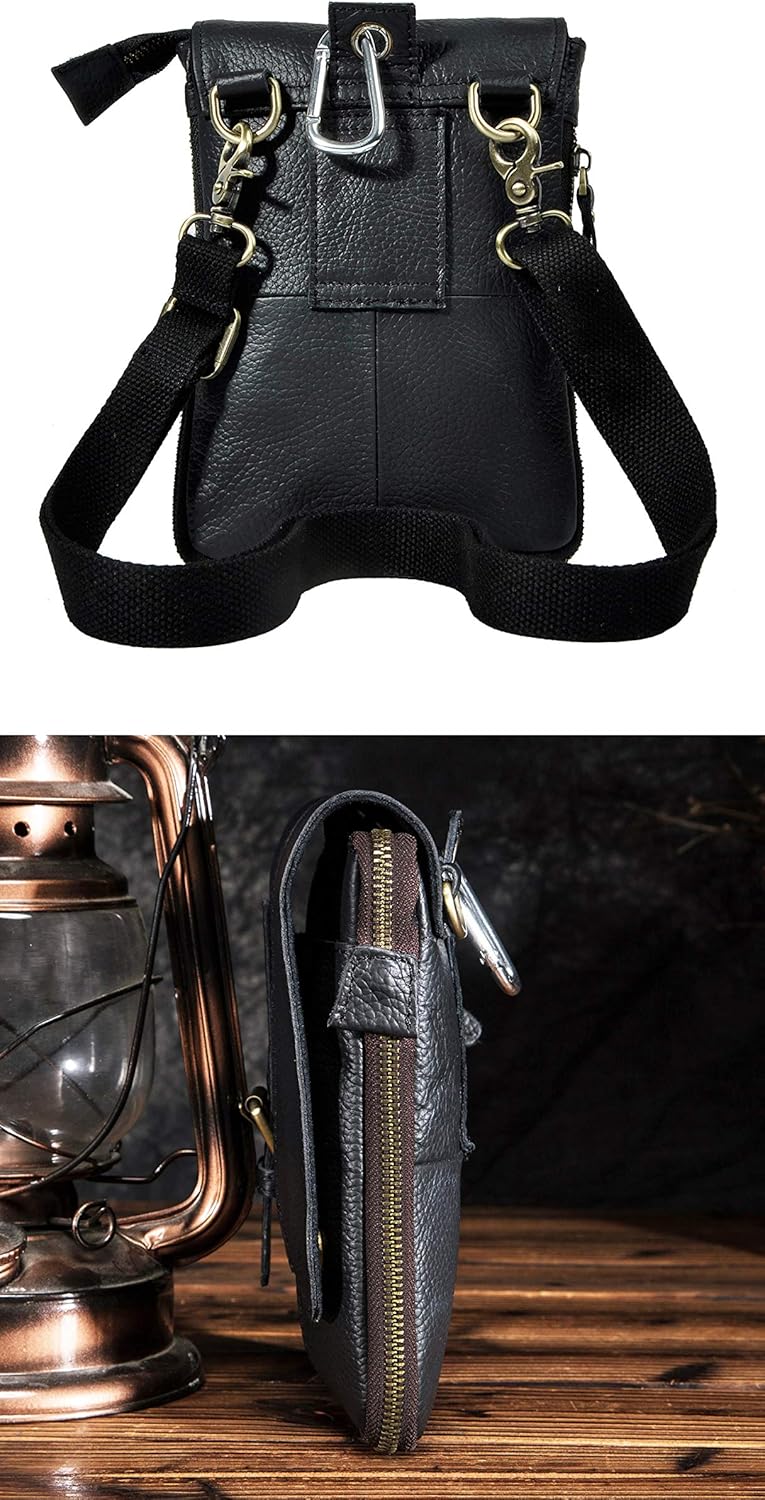 Le'aokuu Mens Genuine Leather Small Messenger Shoulder Satchel Phone Pouch Belt Waist Bag Pack - Image 3