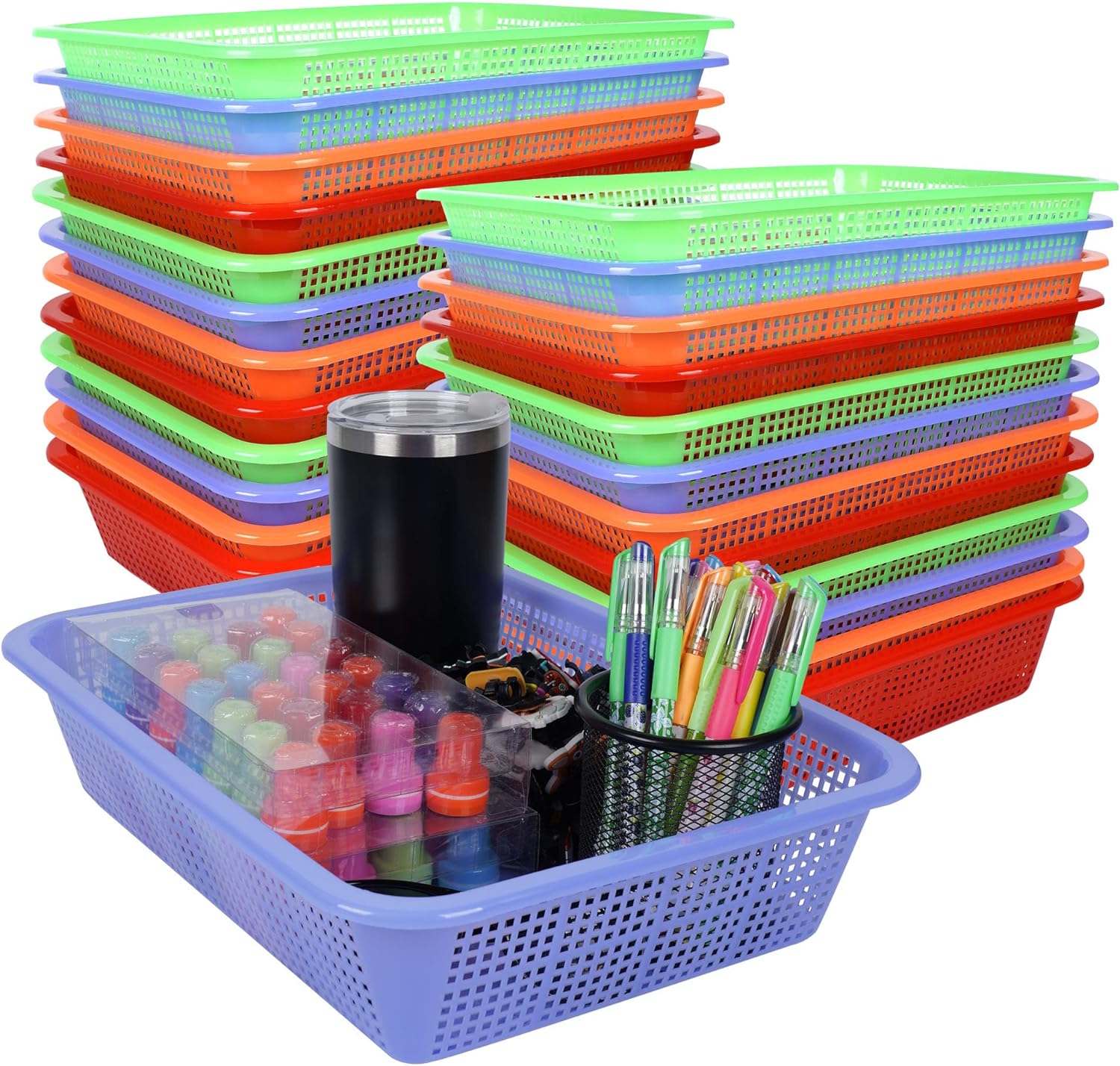 Kolewo4ever 24 Pack Classroom Storage Baskets Pencil Organizer Bins 13.5 x 10 x 3 Inch Paper Trays Basket Plastic Book Basket for Classroom Library Organizer
