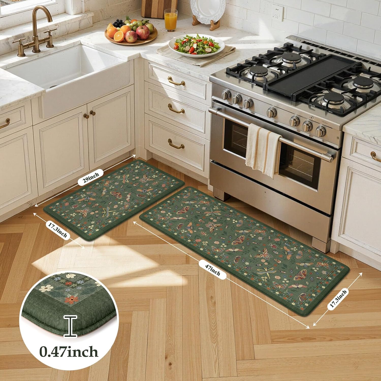 leevan anti fatigue mats for kitchen floor non-slip, cushioned kitchen mats for floor 2 piece, green memory foam kitchen mat set, waterproof ergonomic standing mat for bar, office,desk, laundry green 17.3"x29"+17.3"x47"-0.47inch
