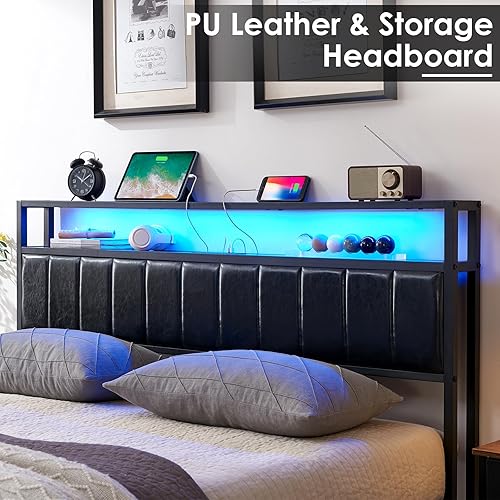 Miniatura 6 de AMERLIFE Base de cama de plataforma de tamaño matrimonial, marco de cama LED con piel sintética y estación de carga, cabecera de almacenamiento de 2