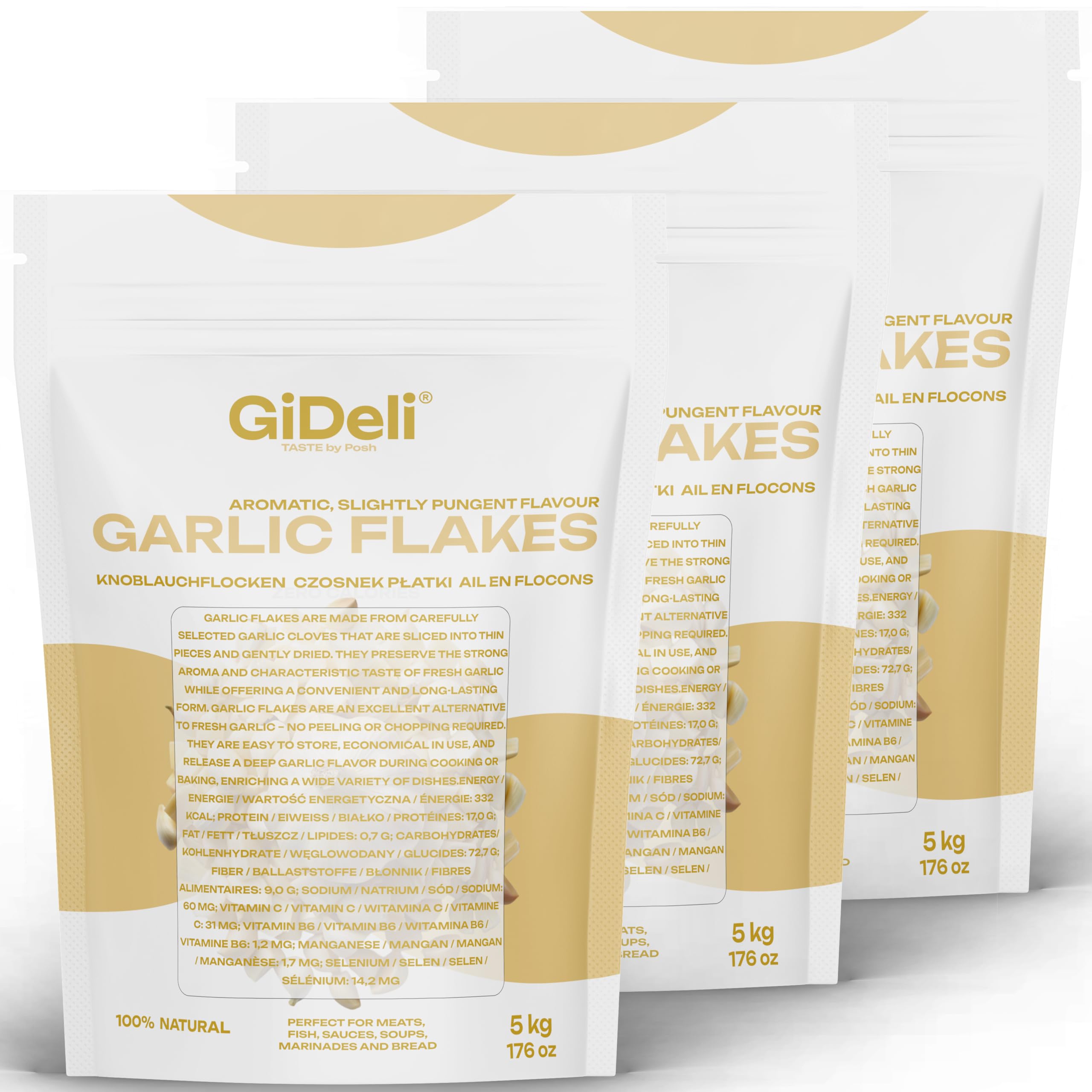 GiDeli Knoblauch Flocken 3 x 5kg - Ideal zum Kochen und Würzen - 100% Natur - Vielseitig verwendbar für Suppen, Saucen, Marinaden, Fleisch und Gemüse - Aromatisch, Scharf und Intensiv