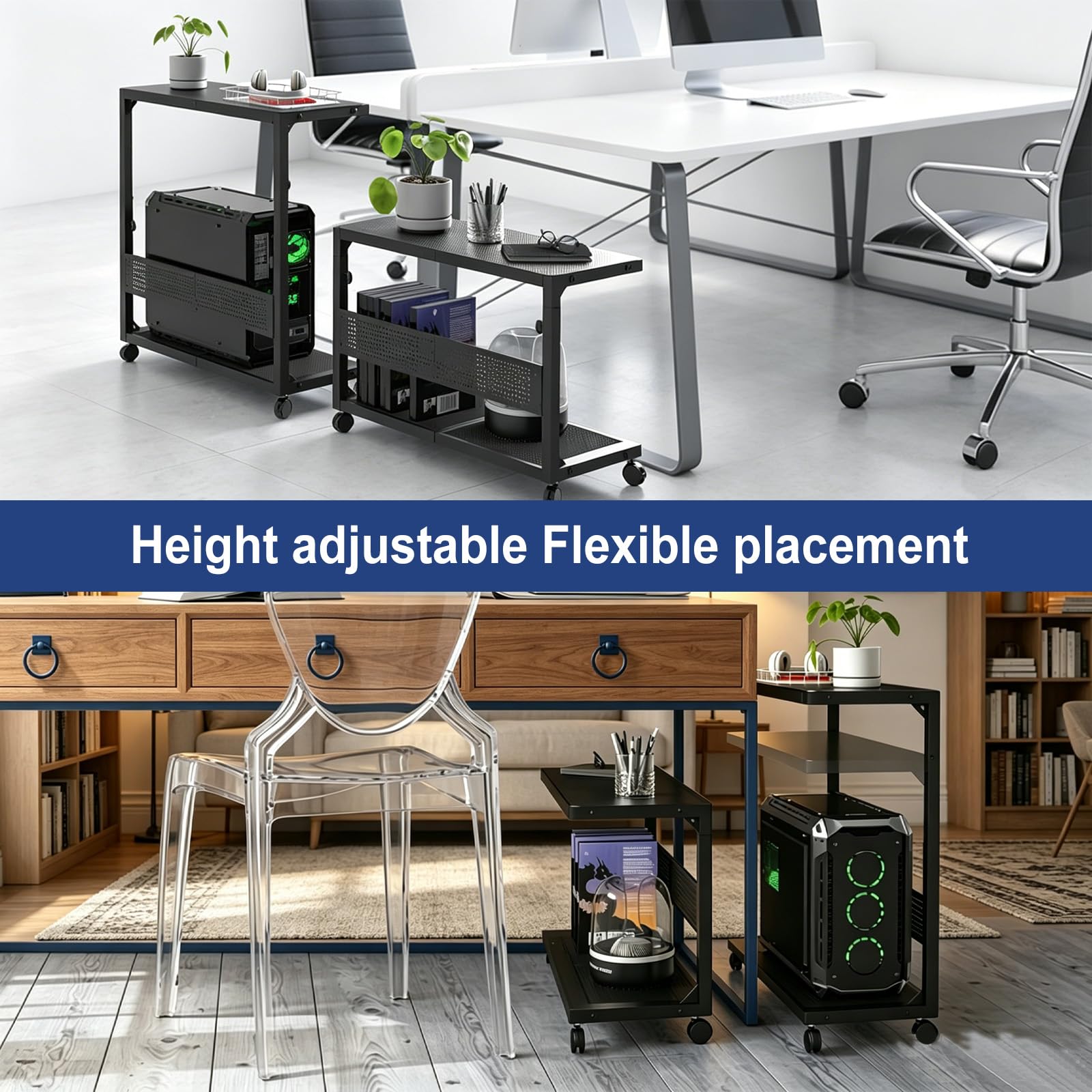 Höhenverstellbarer Computer-Tower-Ständer 2-stöckig – ATX-Gehäuse-Ständer aus Kohlenstoffstahl mit 4 Rollen, für PC-Tower, Bodendrucker & Büroorganisation