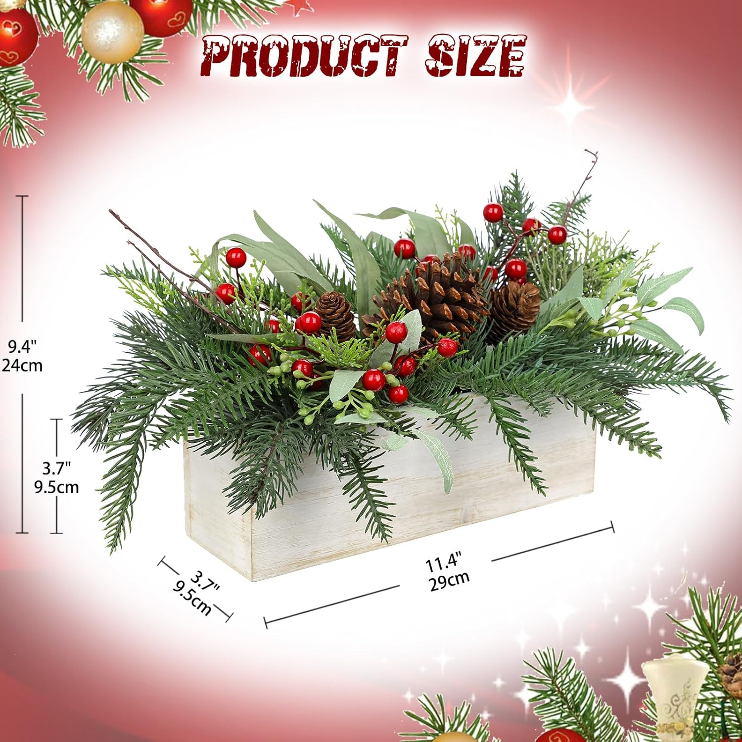 GnFlus Christmas Centerpieces for Table, Mine Tree Pine Pinecones in Pot Artificial Xmas Plants with Red Seeds Eucalyptus Leaves in White Rectangular Wooden Pots for Christmas Table Decor