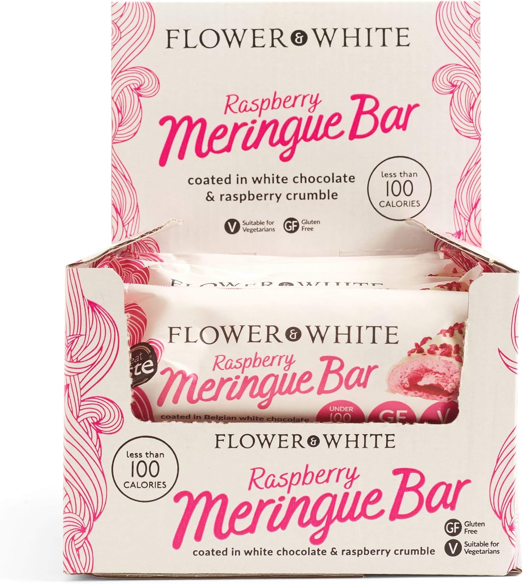 Flower & White Raspberry Meringue Bar (Box of 12) - Gluten Free Low Fat Under 100 Calories