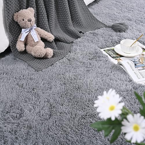 Miniatura 7 de Alfombra de dormitorio gris de 4 x 6 pies, esponjosa para dormitorio, alfombra suave, alfombra de área grande, alfombra lavable y antideslizante,