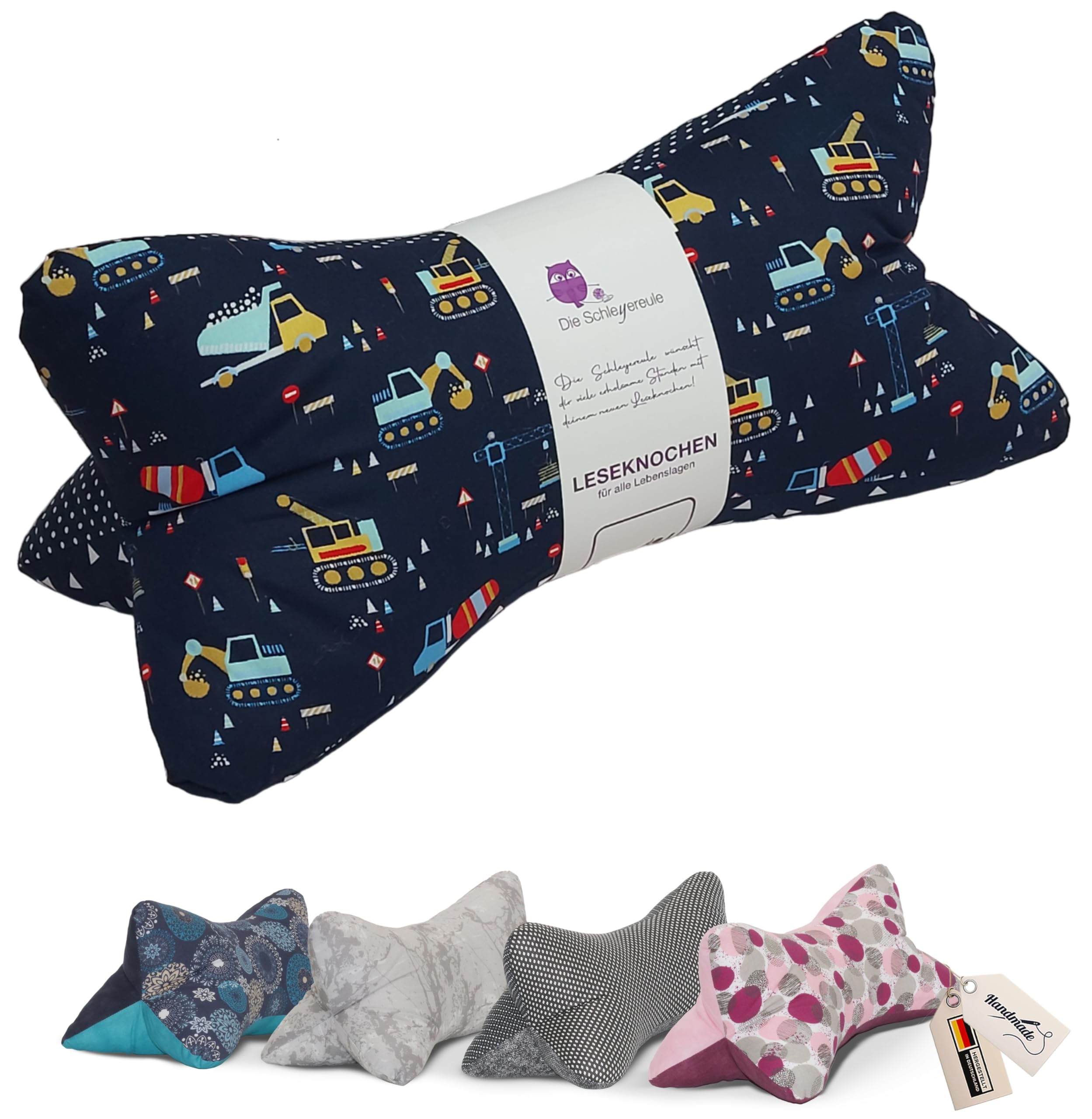 Leseknochen Nackenkissen Kinder bequem und waschbar! Handgestopft und genäht in Deutschland - Nutzbar als Nackenrolle Kissen Nackenrolle (Baumaschinen Blau)