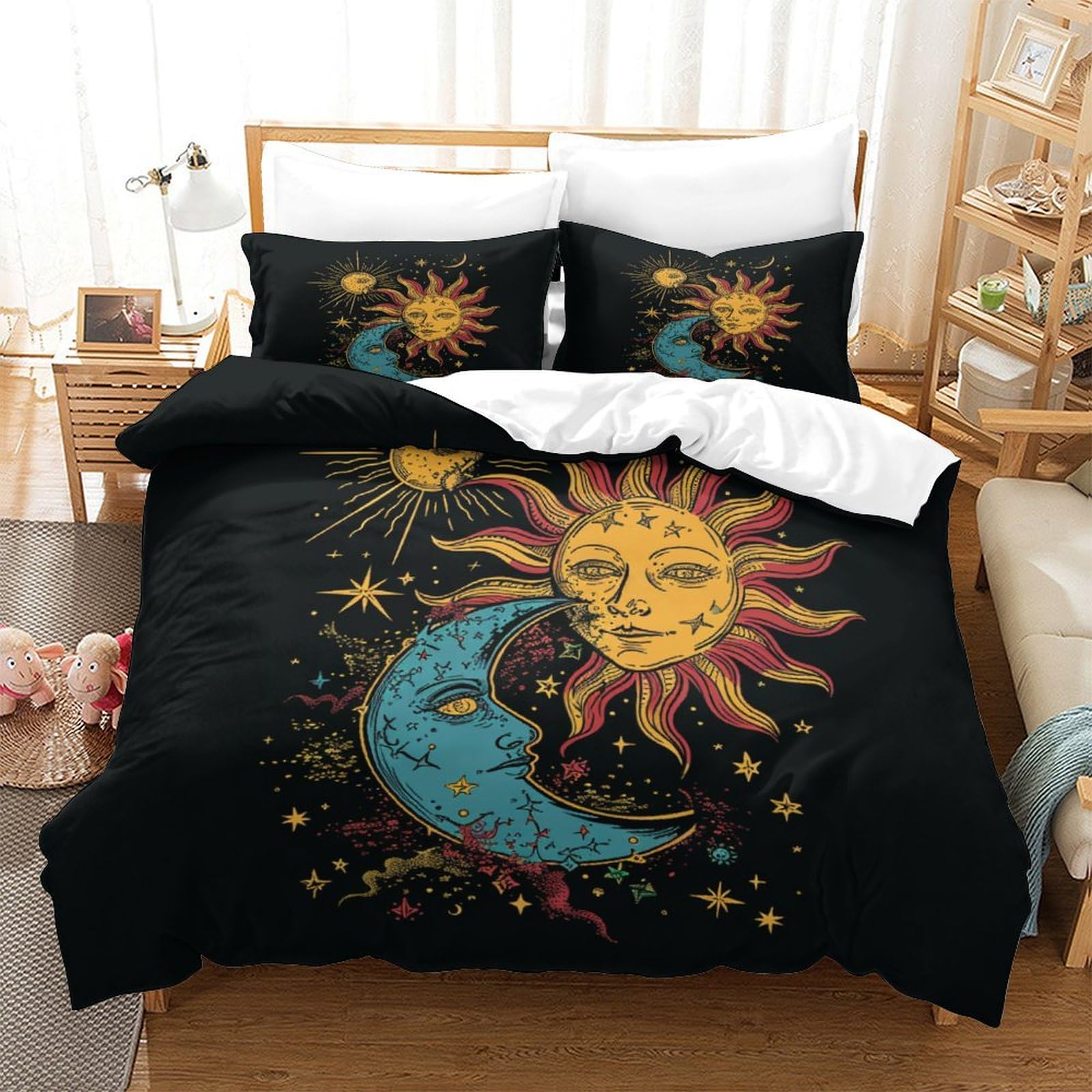 Housse de couette soleil et lune 3 pièces avec taie d'oreiller lit super king 260x220 bohème