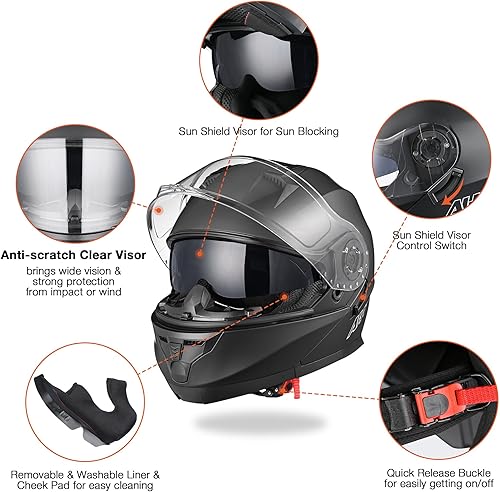 Miniatura 5 de AHR Motorcycle Helmet Dual Visor Modular Flip up Full Face Helmet DOT Approved - AHR Helmet Run-M1 & M3 for Adult Motorbike Street Bike Moped Racing