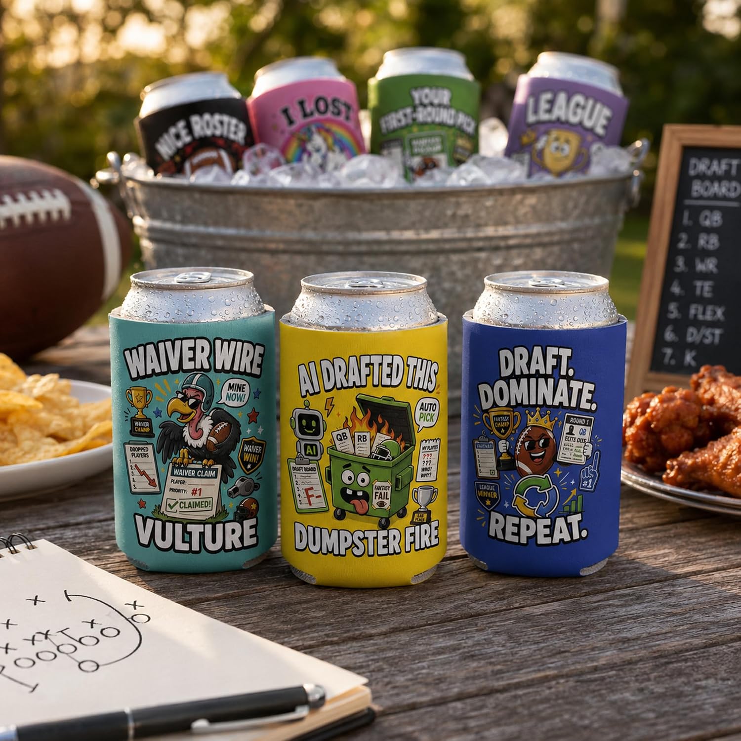 12-Pack Fantasy Football Can Coolers, Funny Football Draft Party Can Sleeves, Collapsible 12 oz Soda Can Drink Holders, Party Favors, League Gifts, Tailgate Supplies, Made in USA image 3
