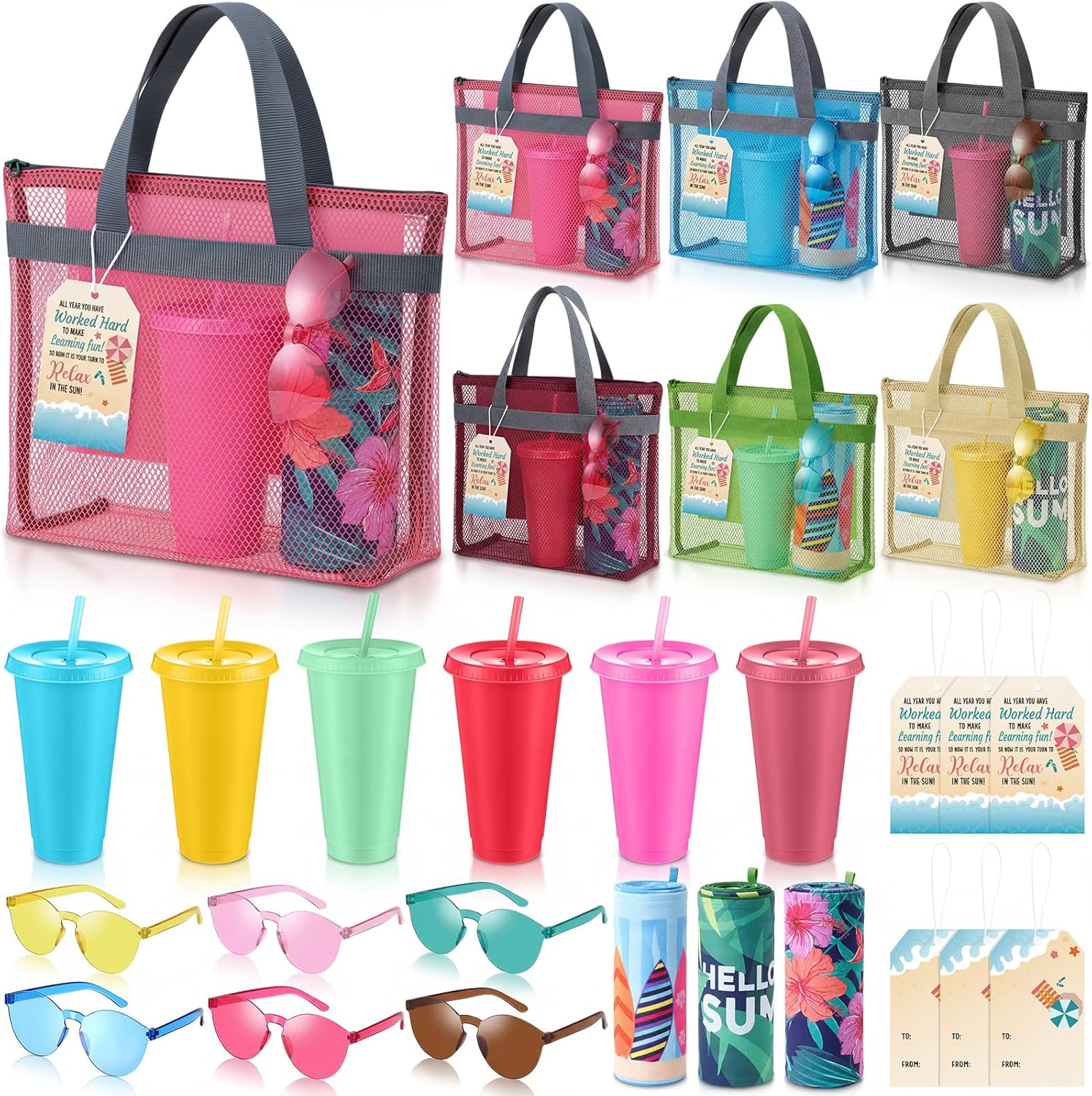 Capoda 6 Set End of Year Teacher Appreciation Gifts Beach Party Favors Includes Pool Swim Bags Beach Towels Sunglasses Plastic Cups with Straw Summer Appreciation Gifts for Teachers Employee Coworker