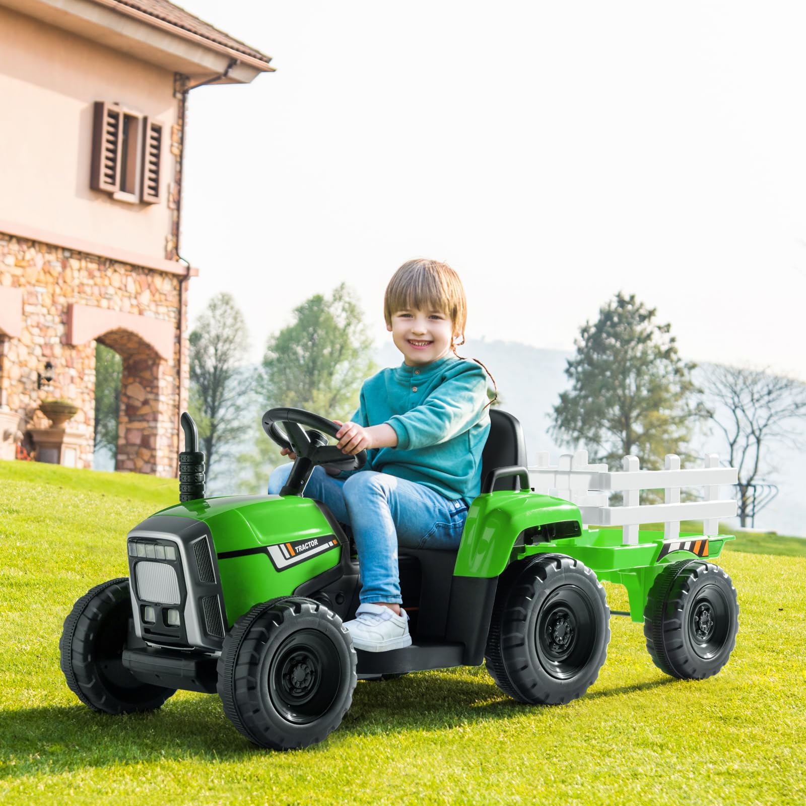 LEADZM 12V Tracteur Électrique Enfant avec Remorque Amovible, Lumière LED, Musique, Klaxon, Télécommande 2,4 GHz Vert