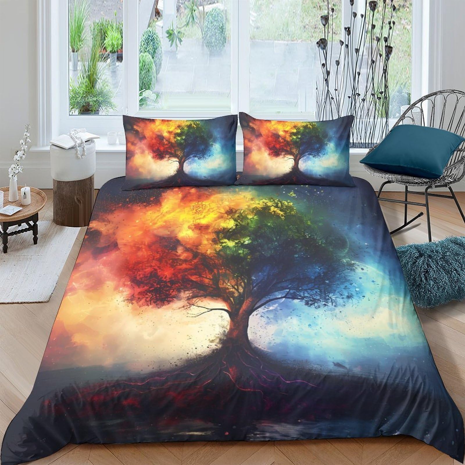 Ctjqhvkz Style-3 3D Printed Colorful Tree Fitted Sheet Microfiber Soft Artistic Forest Bed Cover For Bedroom Dorm Mattress Protection Decor Single（135X200cm）