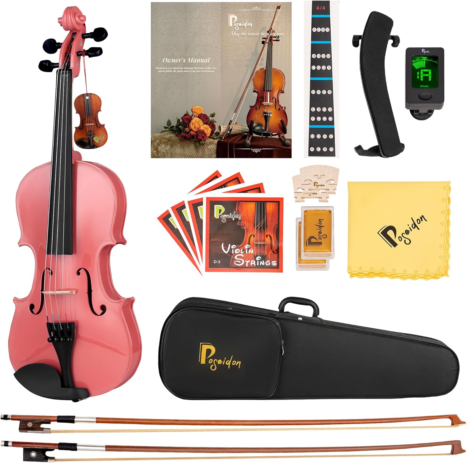 Poseidon Acoustic Violin, 1/4 Size Violin Set with Fiddle for Students Violin Starter Kit/Hard Case, Bow, Rosin, Horse Bridge, Extra Strings, Shoulder Rest, Tuner, Instruction Manual - Pink 1/4 Glossy Pink