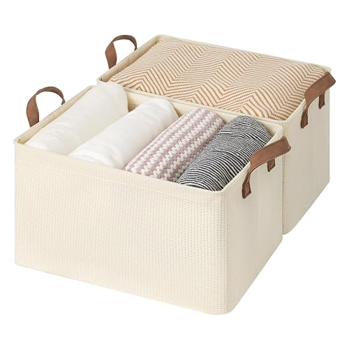 StorageWorks Closet Storage Bins, Storage Baskets for Shelf, Beige, 2-Pack | Large, With Reinforced PU Handles, Metal Frame, Collapsible, Basket for Shelves, Closet, Holds Clothes, Towels, Blankets