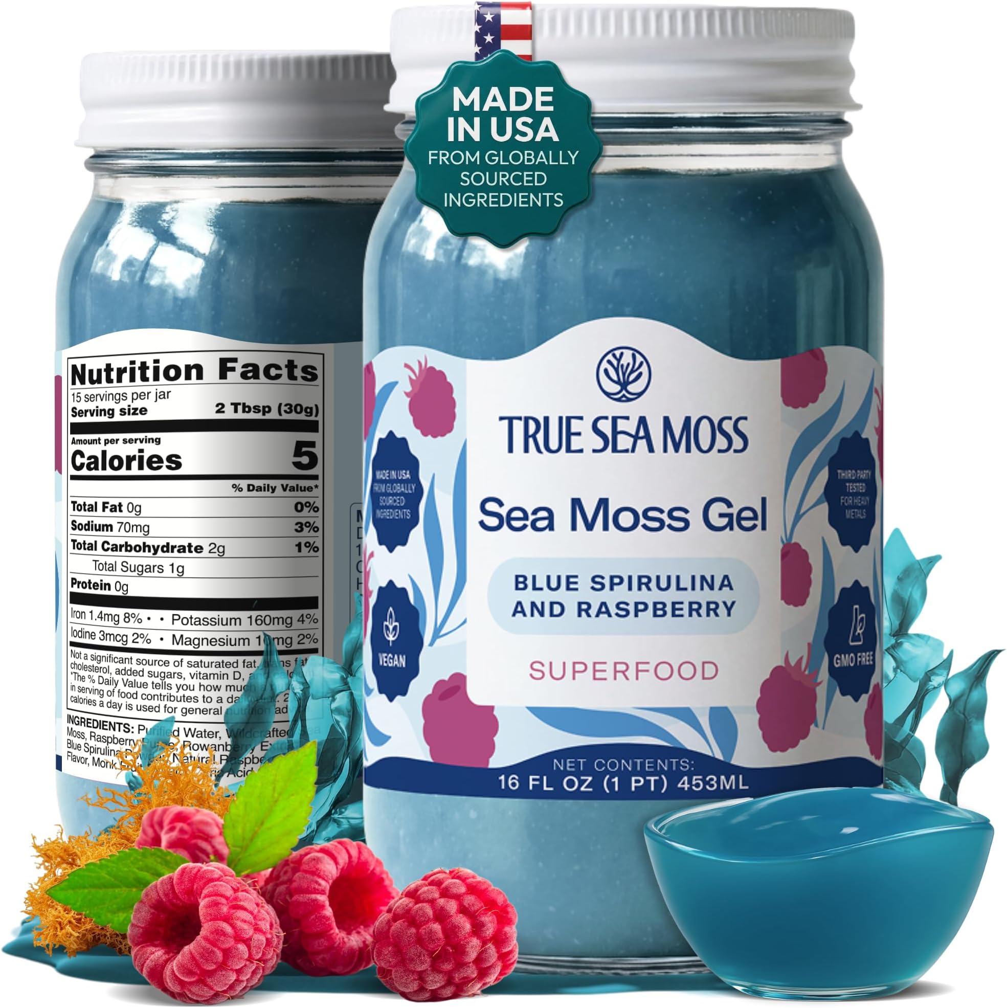 TrueSeaMoss Sea Moss Gel – Made in USA – Wildcrafted Seamoss, Fruits & Jarred Vegetables – Blue Spirulina, Pack of 1 (Labels May Vary)