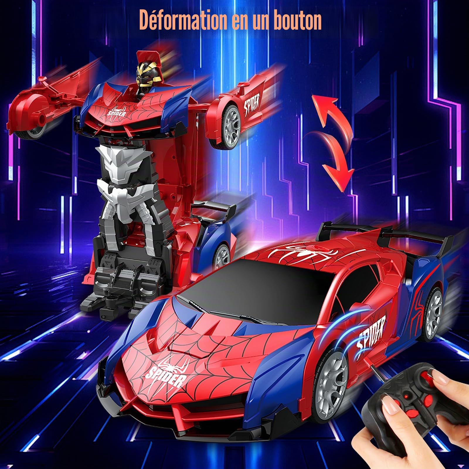Voiture Télécommandée Spider Jouet Enfant 3 4 5 6 7 8 9+ Ans,2 en 1 Transformable Radiocommande RC Robots,Transformable RC Spider Car Radiocommande,Voiture RC 2,4 GHz & Robot Rotation 360° Jouet (E)