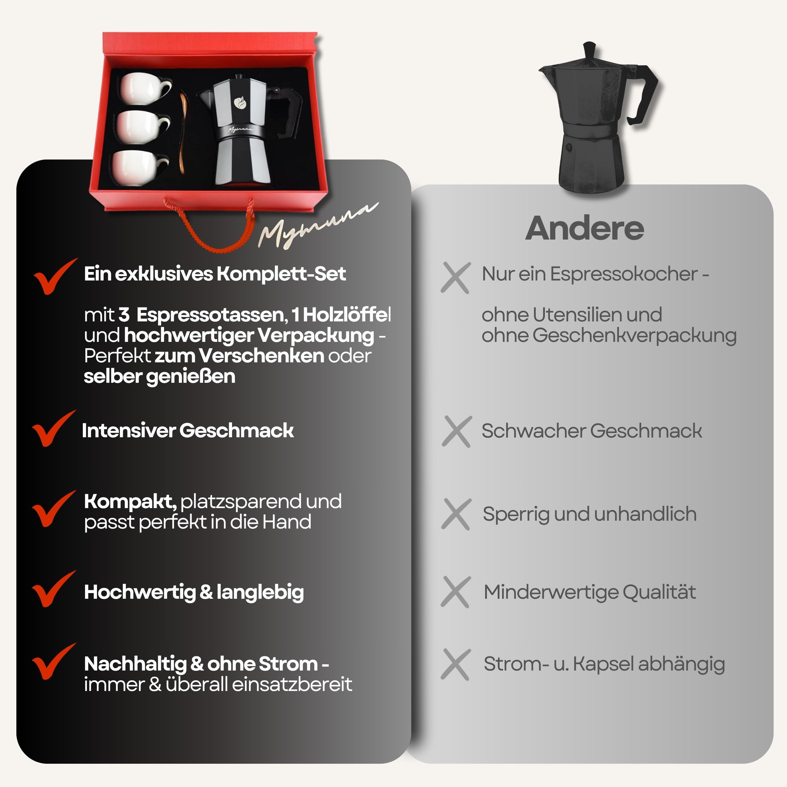 Generisch Juego de 6 tazas de café espresso – Mokapot clásico para estufa – Cafetera moka de aluminio incluye 3 tazas y cucharas – Noble regalo de café
