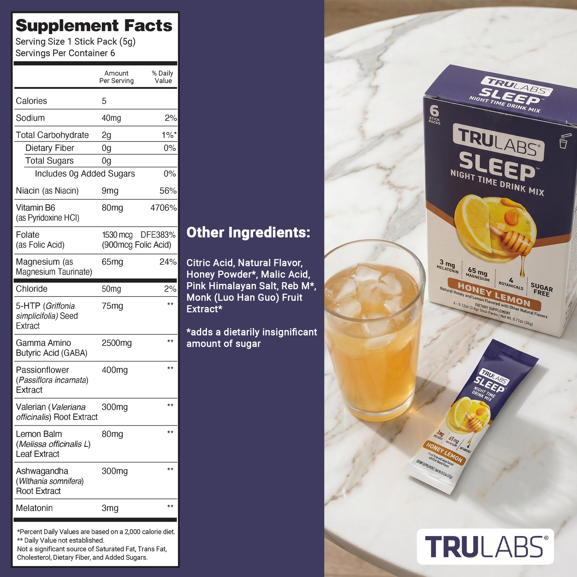 TRULABS Sleep Drink Mix – Honey Lemon Flavor, Sugar-Free Nighttime Sleep Powder Drink Mix with 65mg Magnesium, 2500mg GABA, Herbal Extracts & 3 mg Melatonin (6 Stick Packs) — Amazon image 7