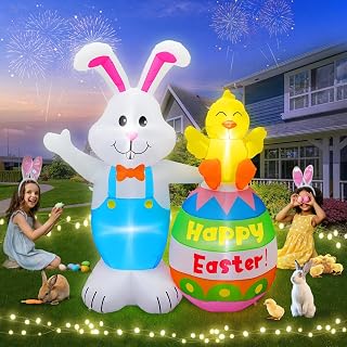 6FT Easter Inflatables Bunny & Chick Sitting on Easter Egg Decoration, Easter Blow up Yard Decoration Rabbit and Chicken Inflatable Built-in 4 LED for Easter Party Indoor Outdoor Lawn Decor