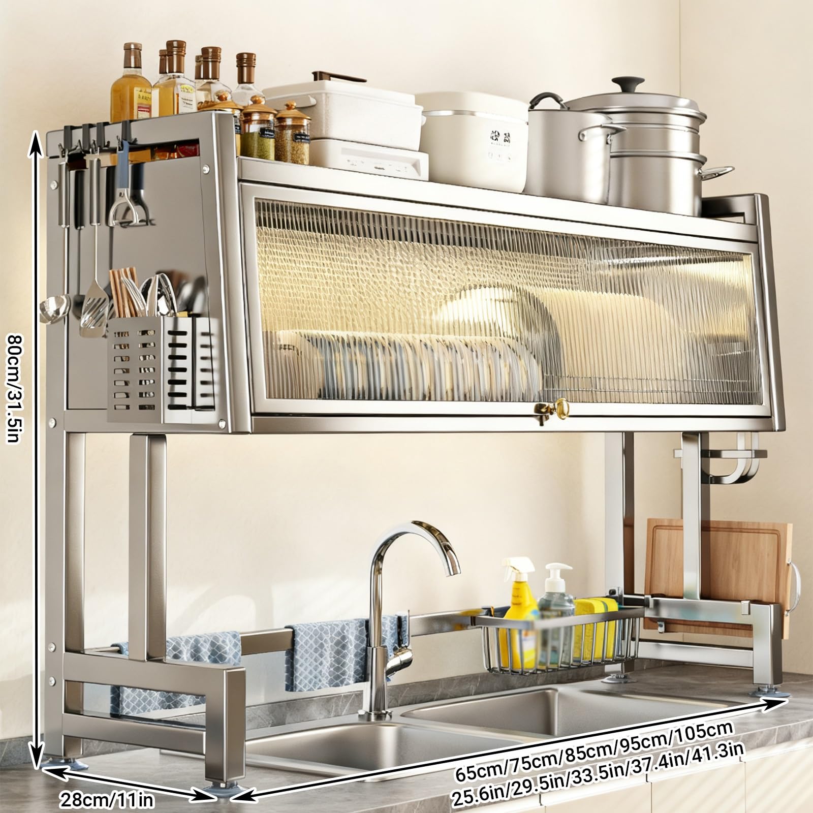 Escurridor de platos multifuncional de acero inoxidable para encimera, para platos, vasos, cuencos y cubiertos, diseño que ahorra espacio