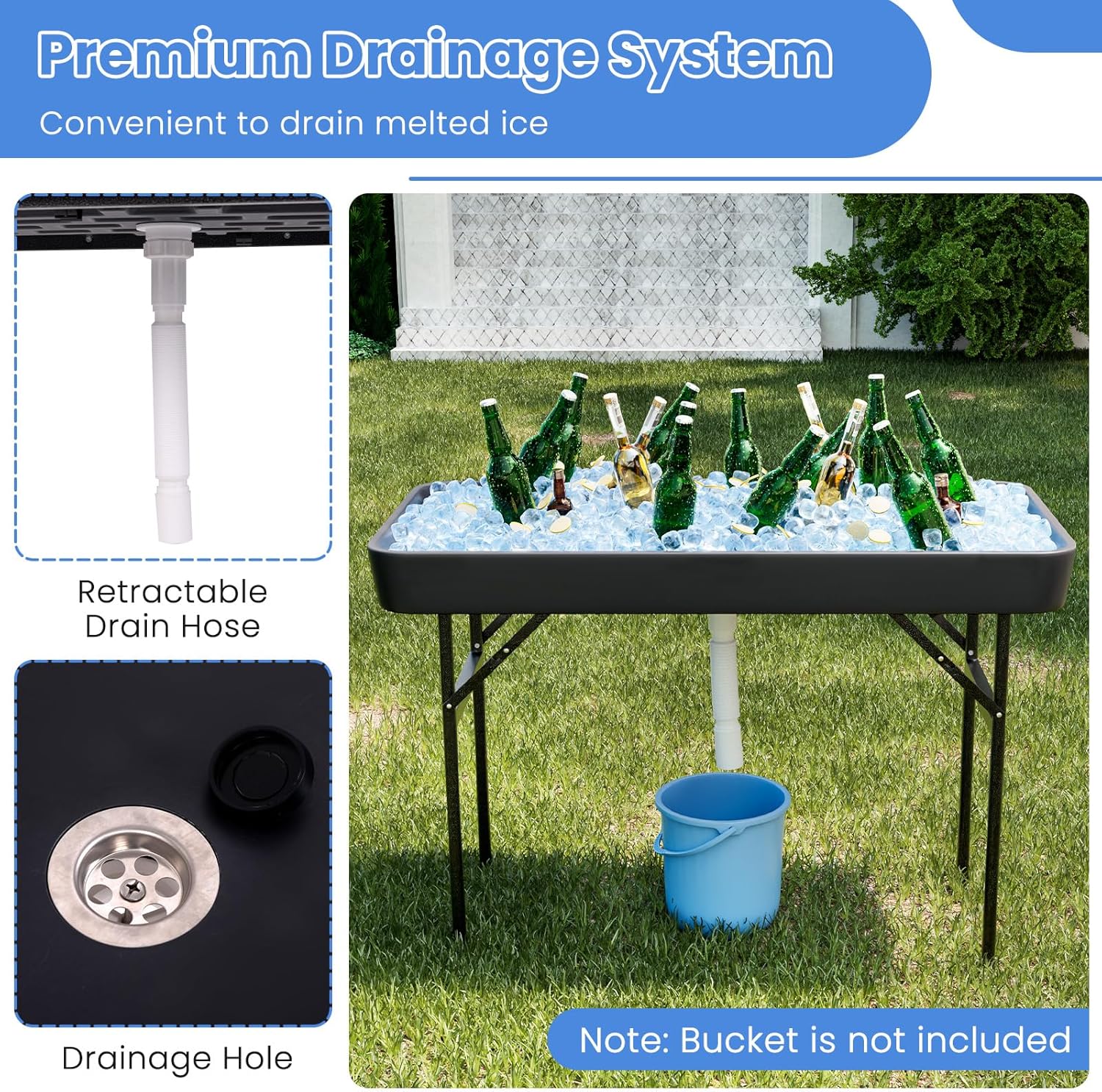 LDAILY Cooler Table, Outdoor Beverage Ice Tables for Parties with Drain, 3” Deep Sink, Removable Matching Skirt, Portable Folding Fish Cleaning Table for Camping, Picnic, Wedding, BBQ, Buffet (Black)