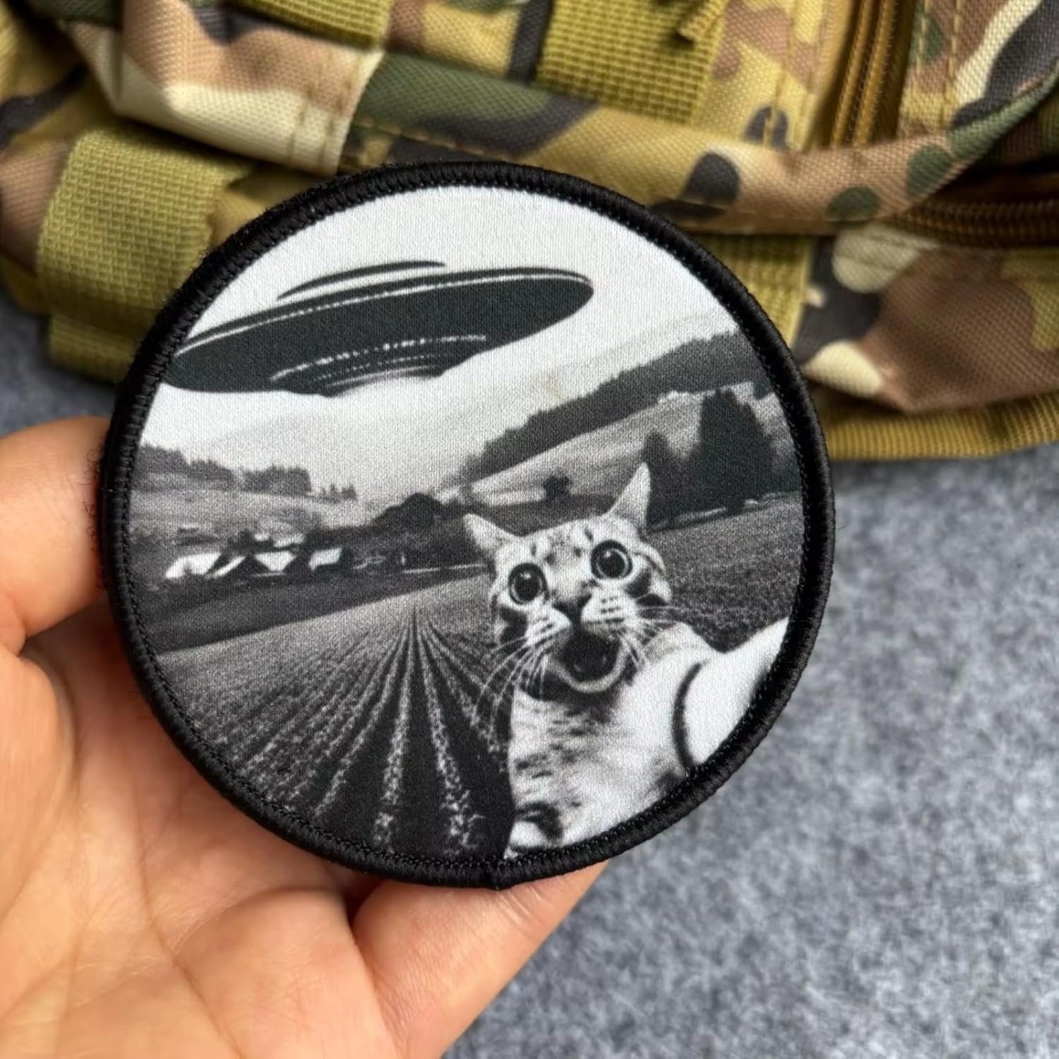Funny Cat UFO Selfie Tactical Morale Patch Hook and Loop for Backpacks Hats