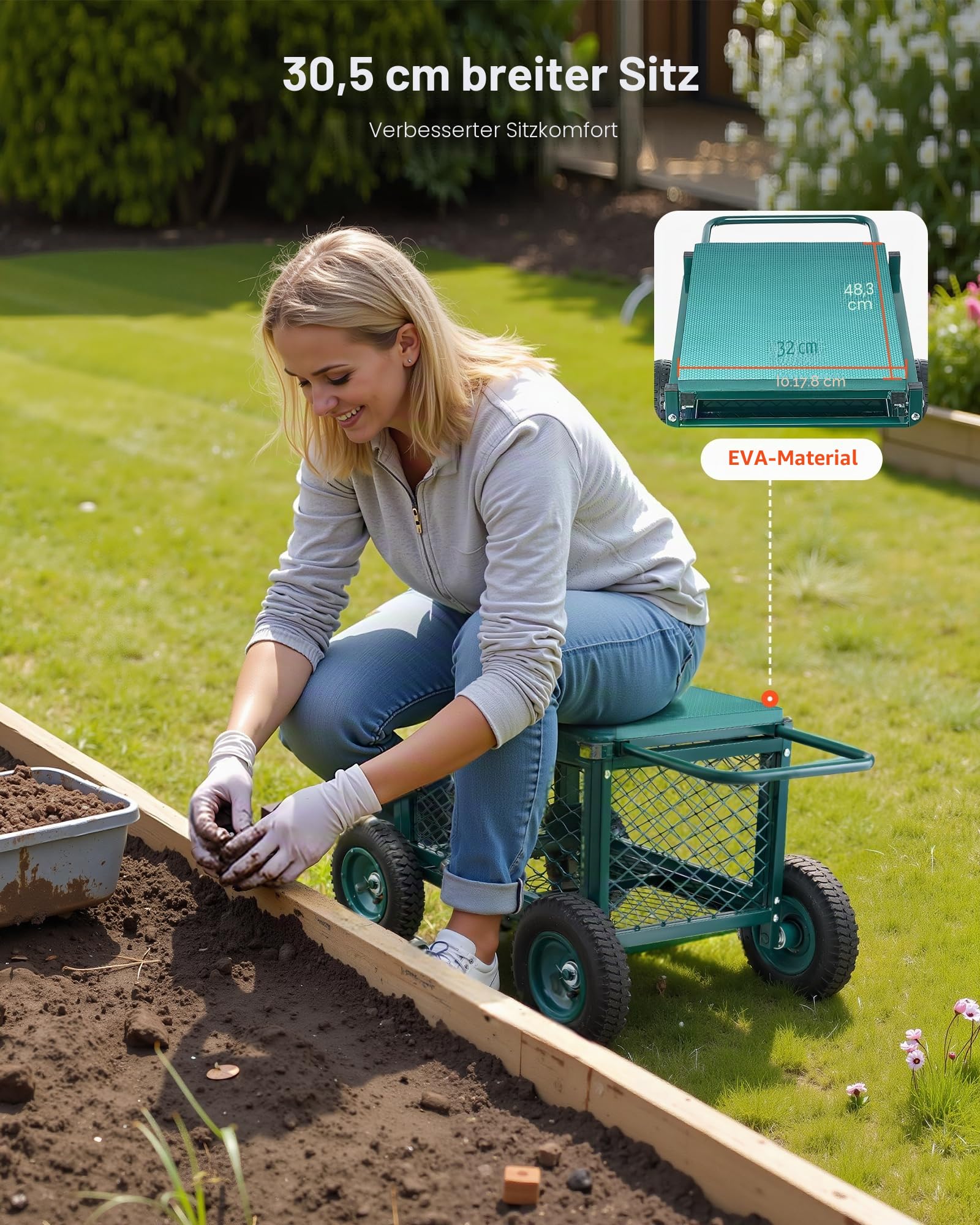 VEVOR Gartenrollsitz 760x520x440 mm, Rollbar Gartensitz aus Metall mit Rädern, trägt bis zu 180 kg, Rollsitz, Outdoor-Wagen und Hocker auf Rädern für Rasen, Terrasse, Hinterhof