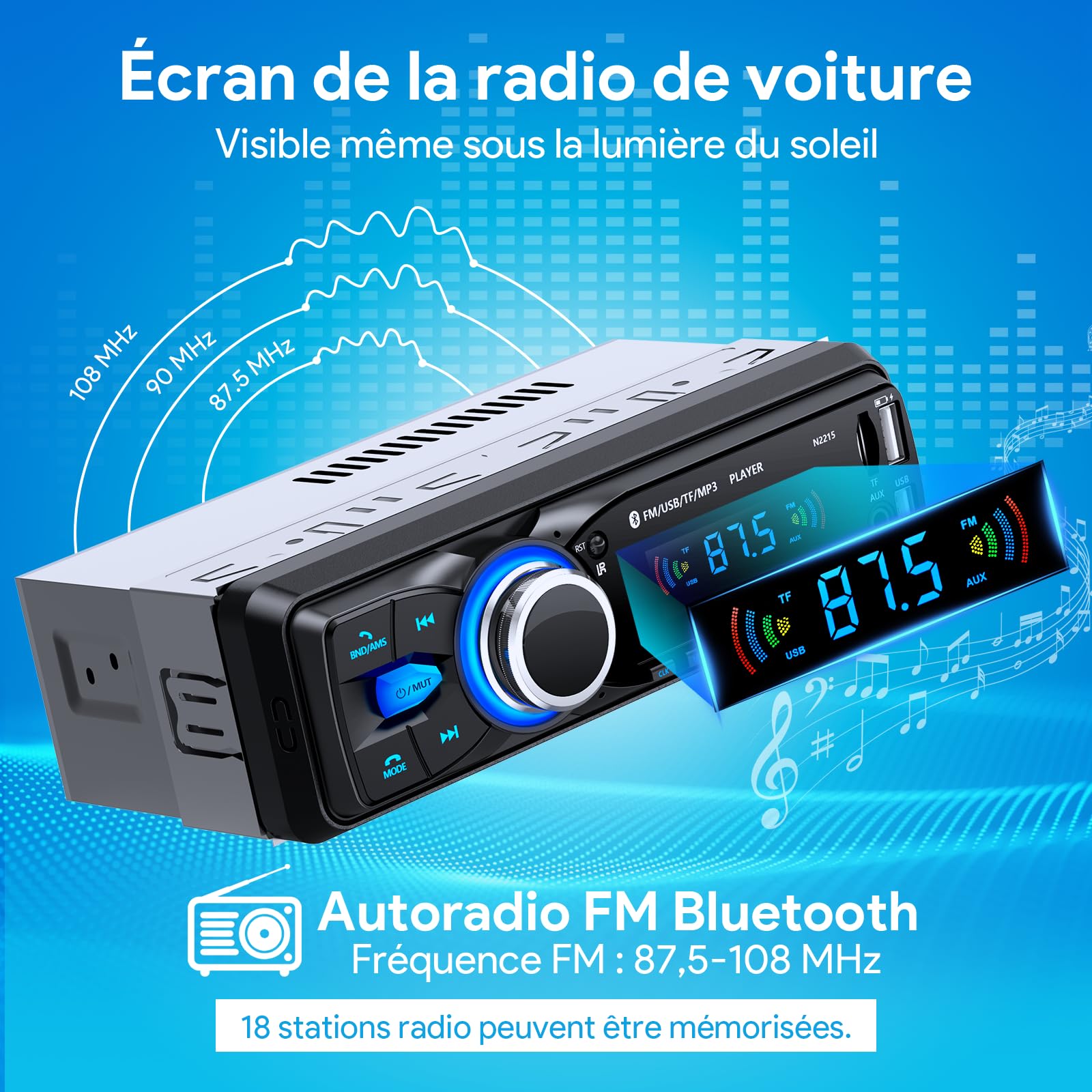 Autoradio Bluetooth, Wistrue Poste Radio Voiture Bluetooth avec Main Libre, FM 1 DIN Autoradio avec Port de Charge USB (2.1A), Lecteur MP3 et 2 USB/AUX/SD, Supporte WMA/WAV