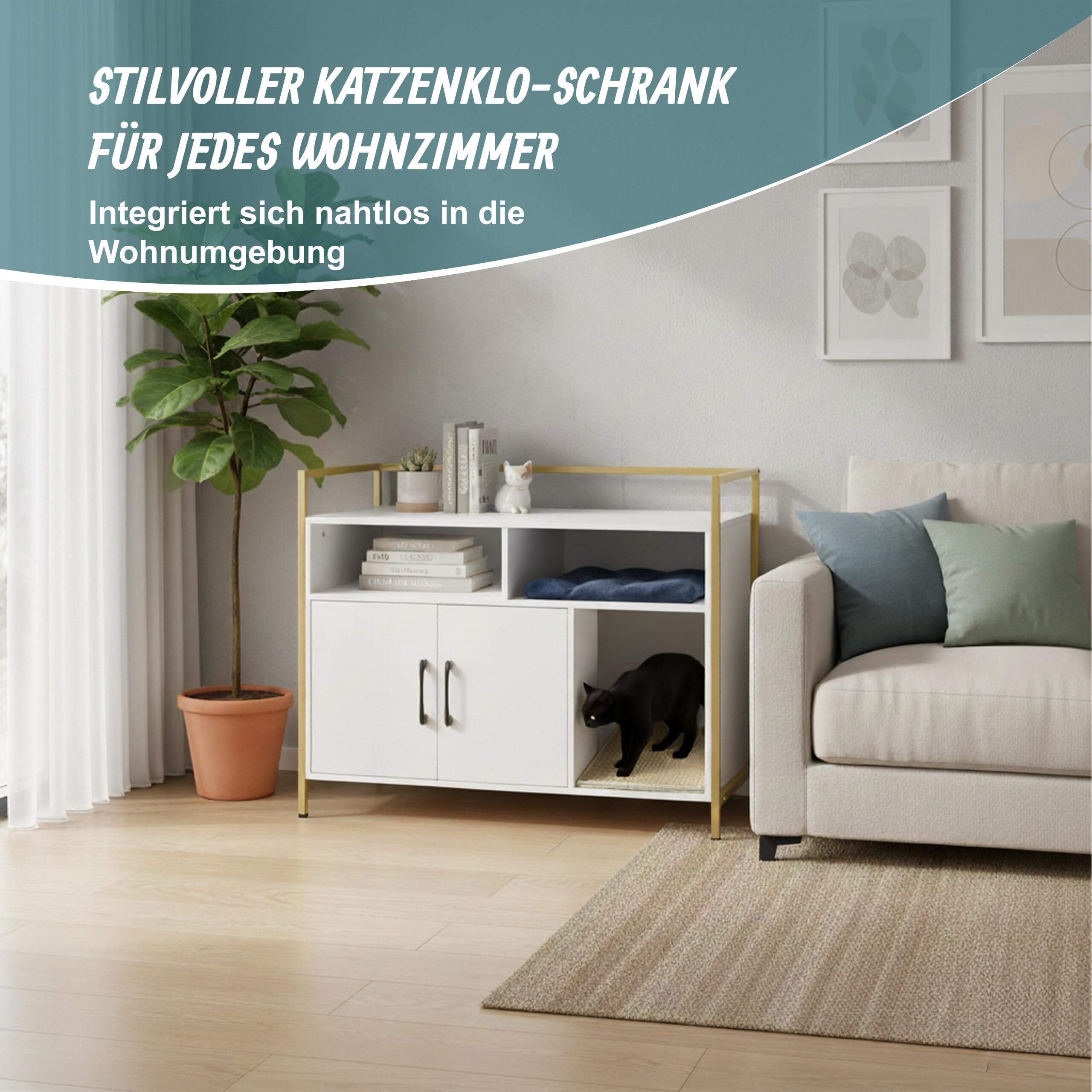 Relaxdays Katzenschrank für Katzentoilette, mit Katzenklomatte, Eingang, Stauraum, HBT 74x90x45cm, Katzenhaus, weiß/Gold