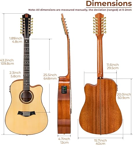 Miniatura 5 de Vangoa Guitarra avanzada de 12 cuerdas, guitarra acústica de doce cuerdas de tamaño completo, ecualizador electroacústico de 4 bandas, juego