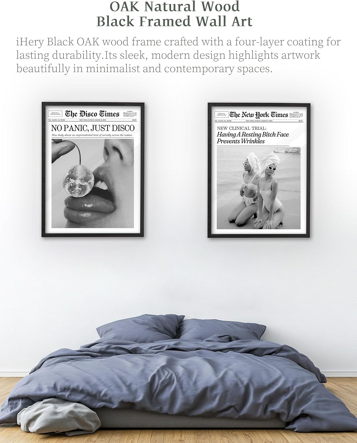 iHery Natural OAK Wood Audrey Hepburn Newspaper Trendy Framed Wall Art, 12x16 in Vintage Headline Canvas Bedroom Wall Decor, Better Late Than Ugly,Bathroom Artwork Apartment Girly Dorm Room 1Pack