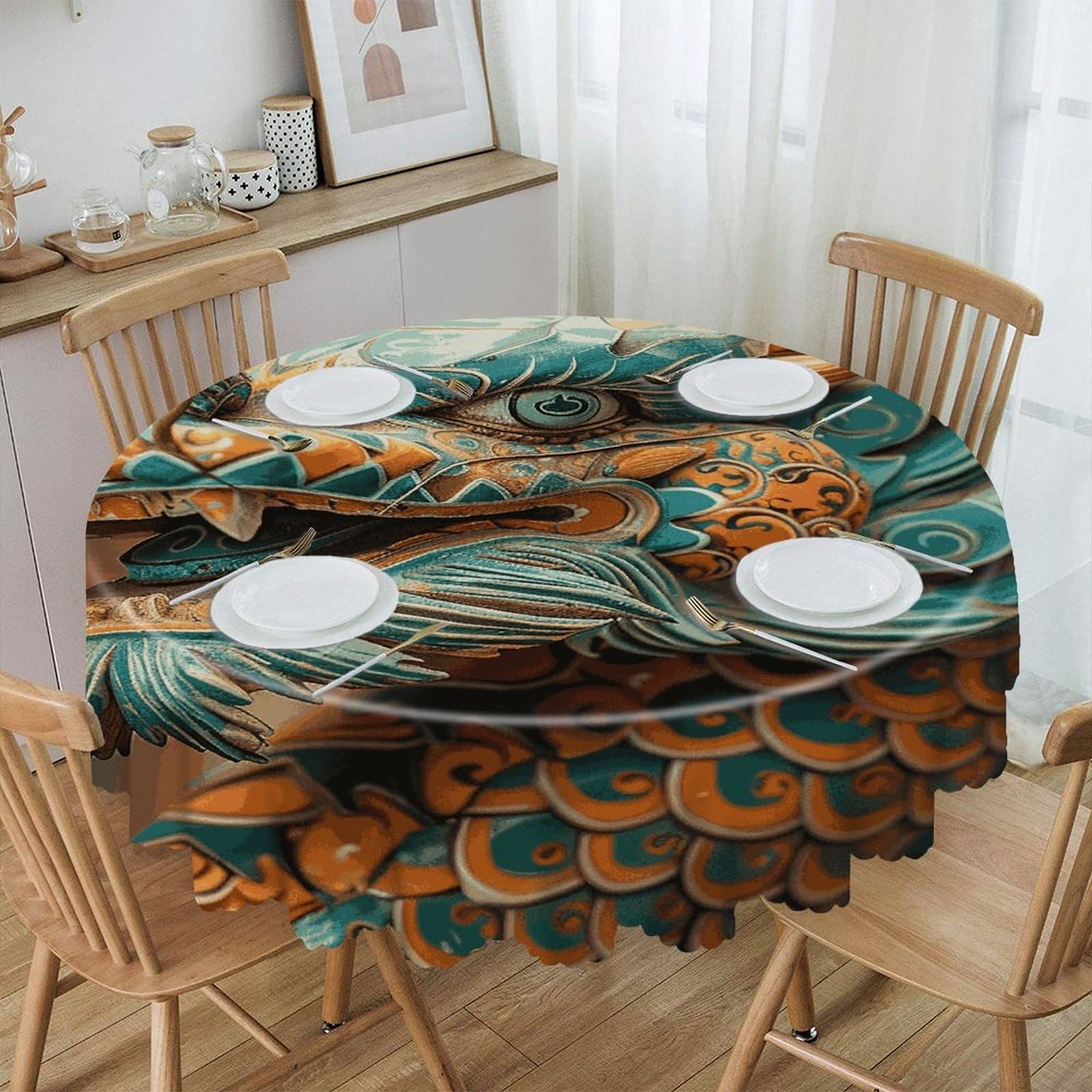 VstaDank Ancient Chinese Dragon Round Tablecloth 60 Inch Easy to Clean Circle Table Cover Thick Decorative Round Polyester Table Cloth for Dining Kitchen Party Farmhouse Outdoor