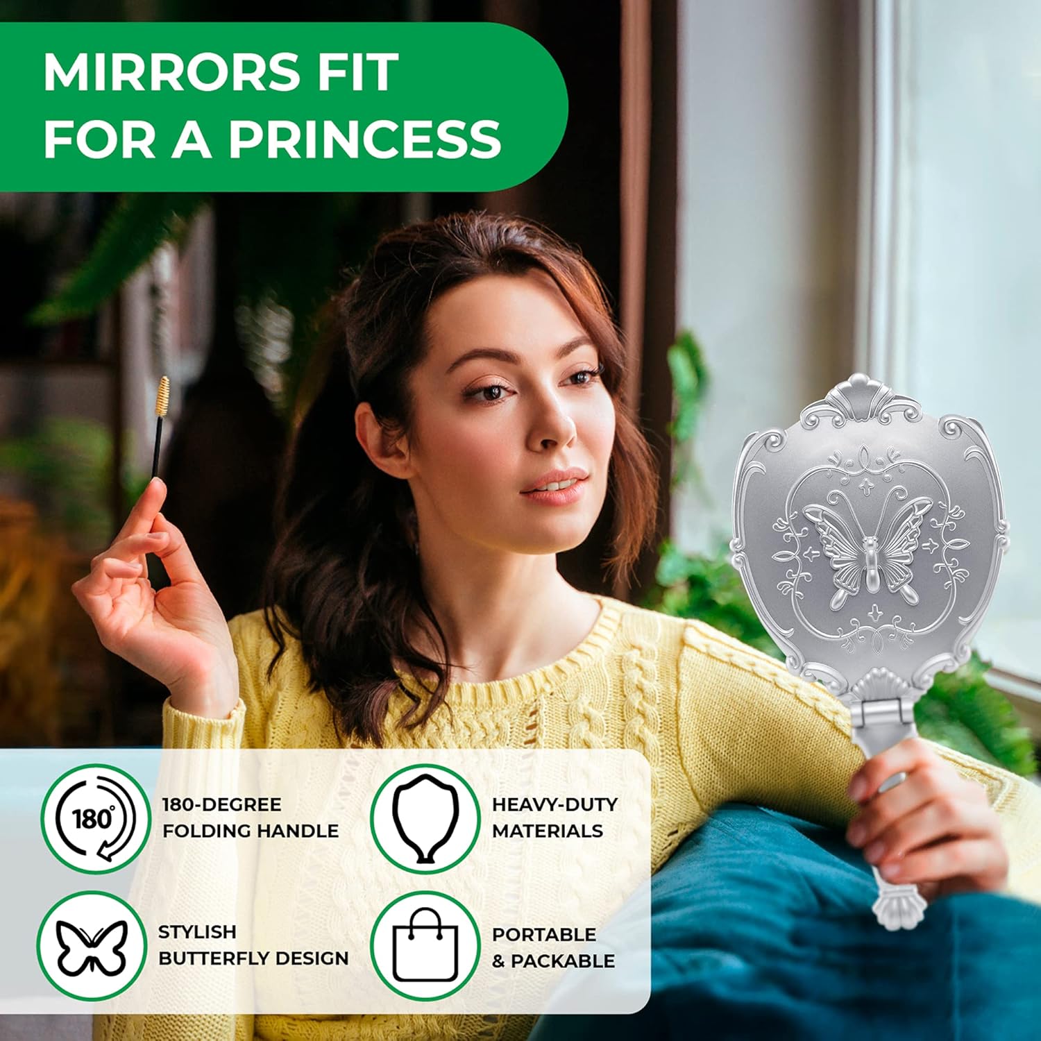 Probeautify Decorative Hand Held Mirror - Beautifully Butterfly Design Hand Mirrors with Handle - Lightweight Mirror - 180 Degrees Full Folding Portable Mirror - Travel Makeup Mirror (Silver) : Beauty & Personal Care