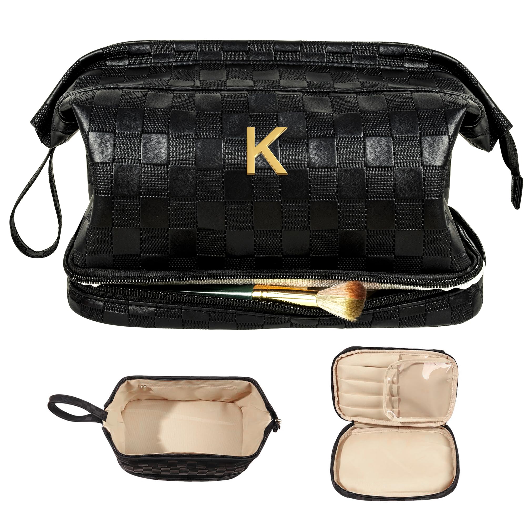 Gift For Daughter, Initial Large Makeup Bag, Personalized Double Layer Cosmetic Bag with Makeup Brush Organizer,Large Capacity PU Leather Travel Toiletry Bag Sister, Birthday Gifts