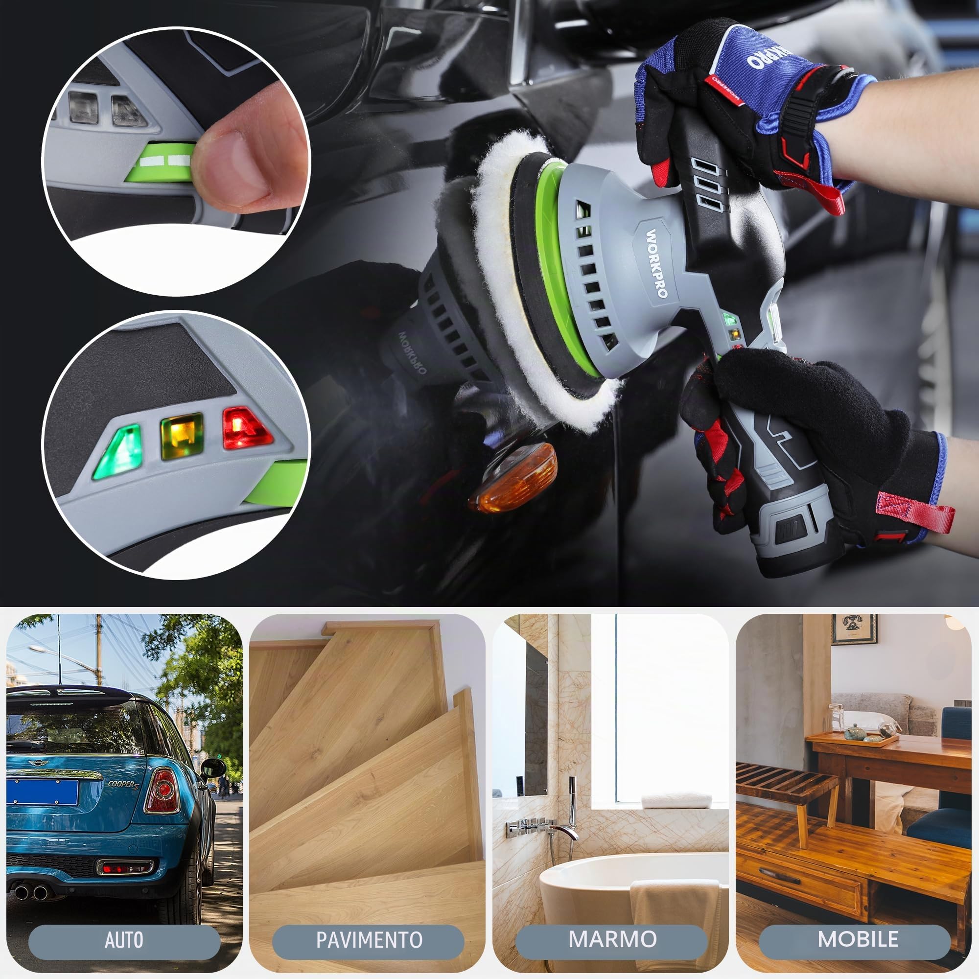 WORKPRO Lucidatrice a Batteria 12V 150mm, Kit di Lucidatura per Auto con 2 Batterie da 2,0ah, 2800-5500 Giri/Min, 1 Ora di Ricarica Rapida, 1 Borsa per Attrezzi e 23 Accessori