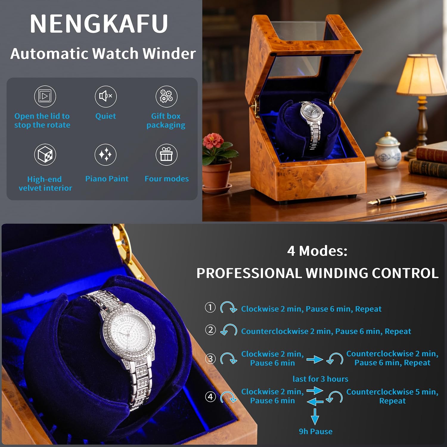 Single Watch Winder for Automatic Watches | Quiet Motor, LED Light, Soft Velvet Watch Pillow, High-End Piano Lacquer Appearance