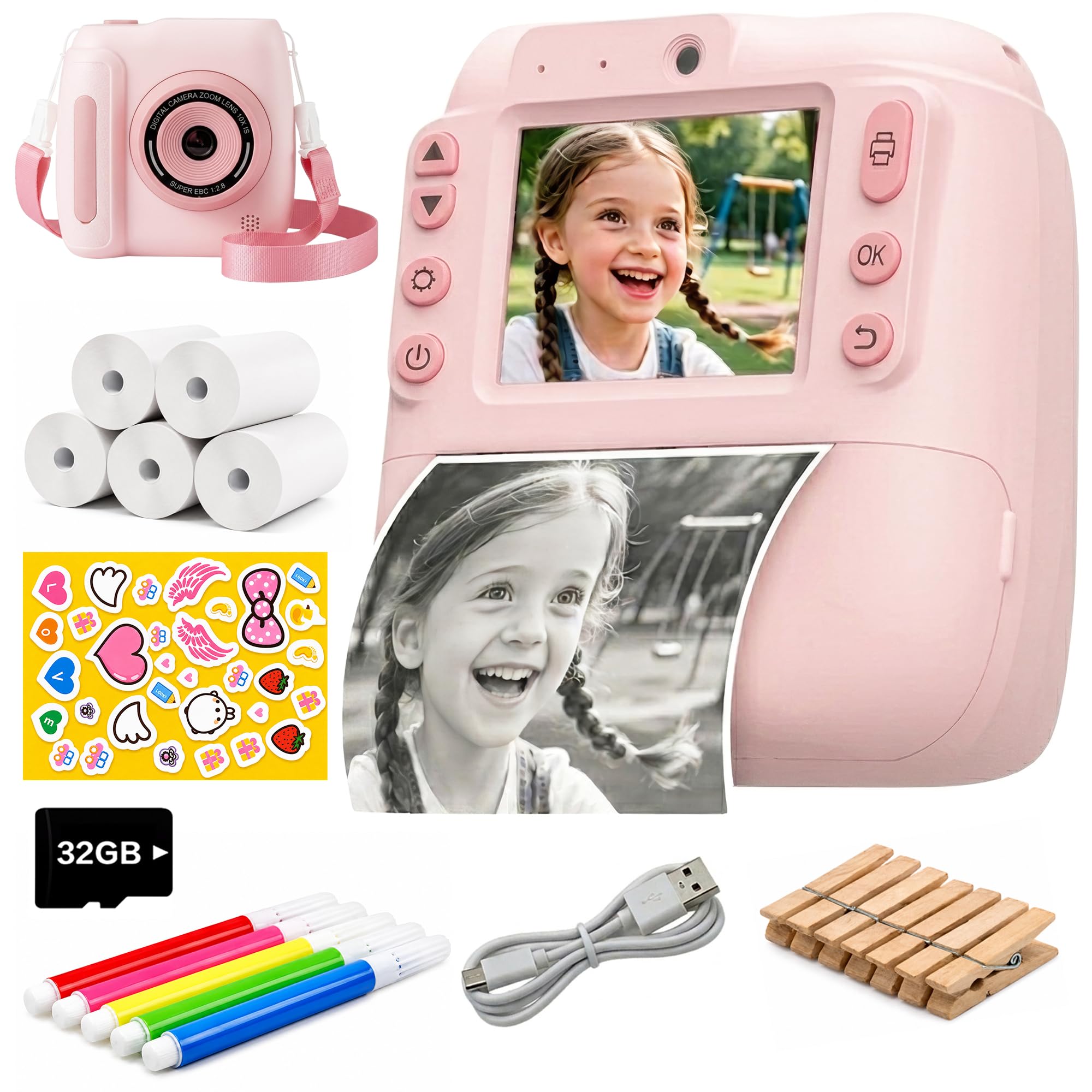 Cámara Fotos Infantil Instantánea para Niños y Niñas 3-12 Años - Imprime +50 Fotos Seguidas sin Sobrecalentarse - Graba Vídeo - Sin Juegos - SD 32GB + 5 Rollos Térmicos - Caja Regalo Premium