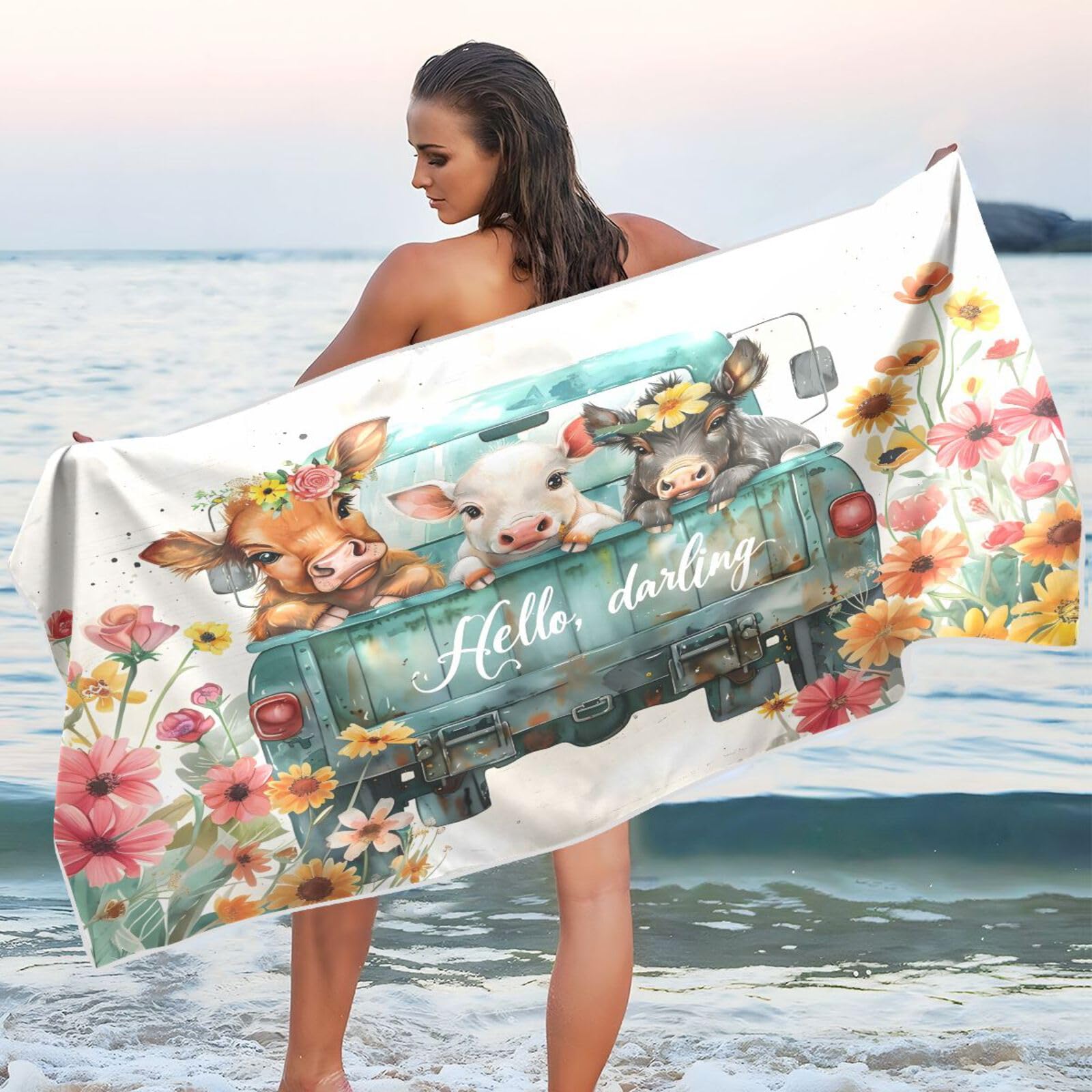 BOENLE Highland Cow Pig Donkey Truck Beach Towel for Women Men Sand Free Bath Towel Absorbent Quick Dry Soft Lightweight Blanket Travel Gym Camping