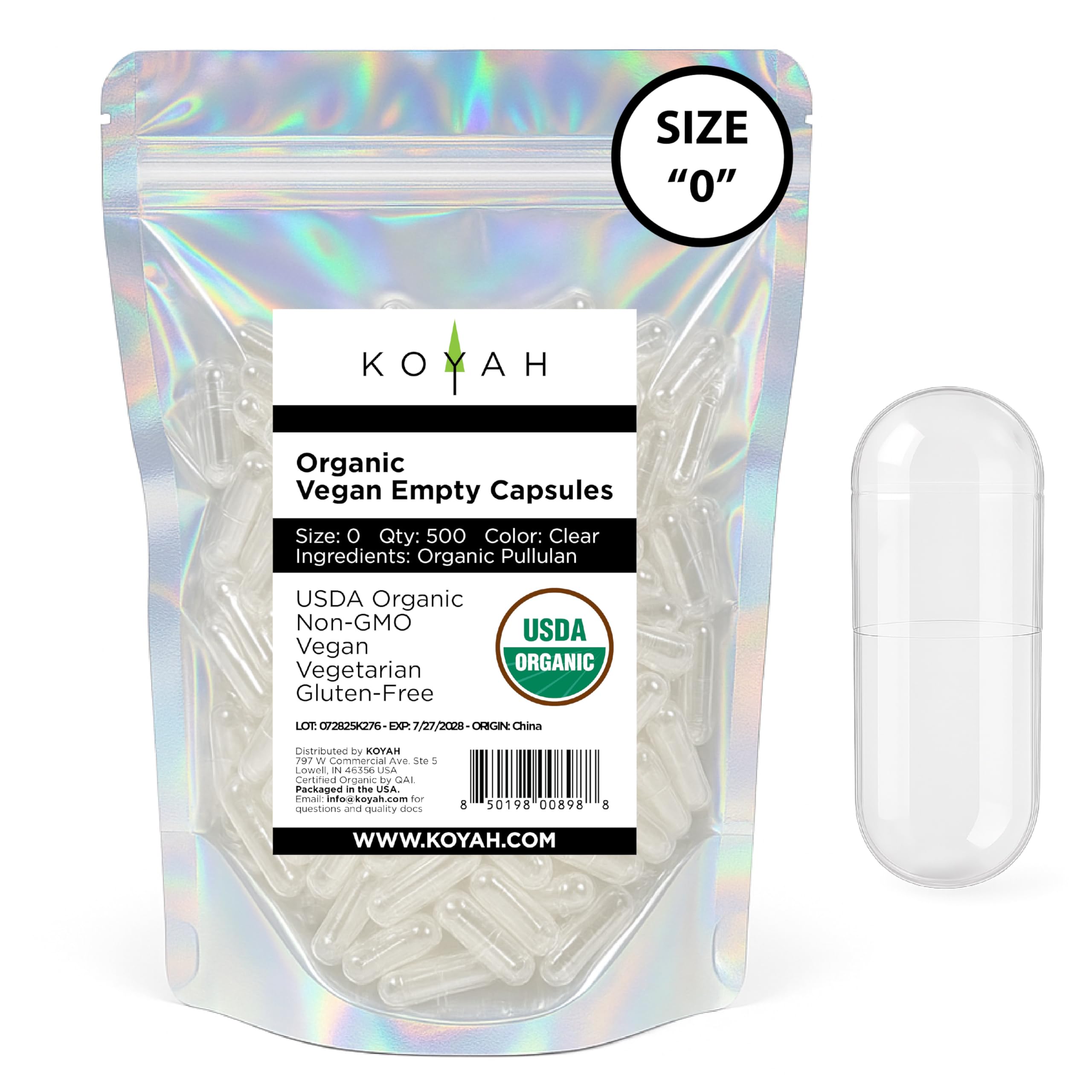 KOYAH Certified Organic Pullulan Capsules, Size 0, 500 Count