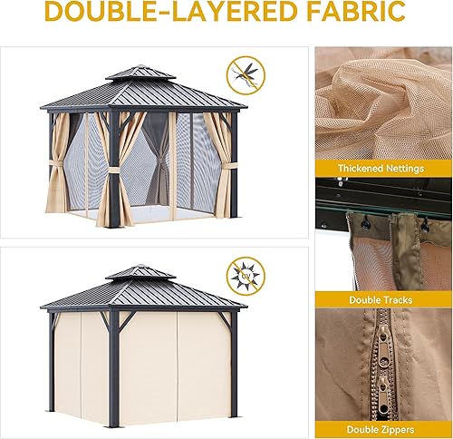 Miniatura 4 de DWVO Gazebo de techo rígido de 10 x 10 pies, techo doble con redes y cortinas, techo de rayas verticales de acero galvanizado resistente para patio,
