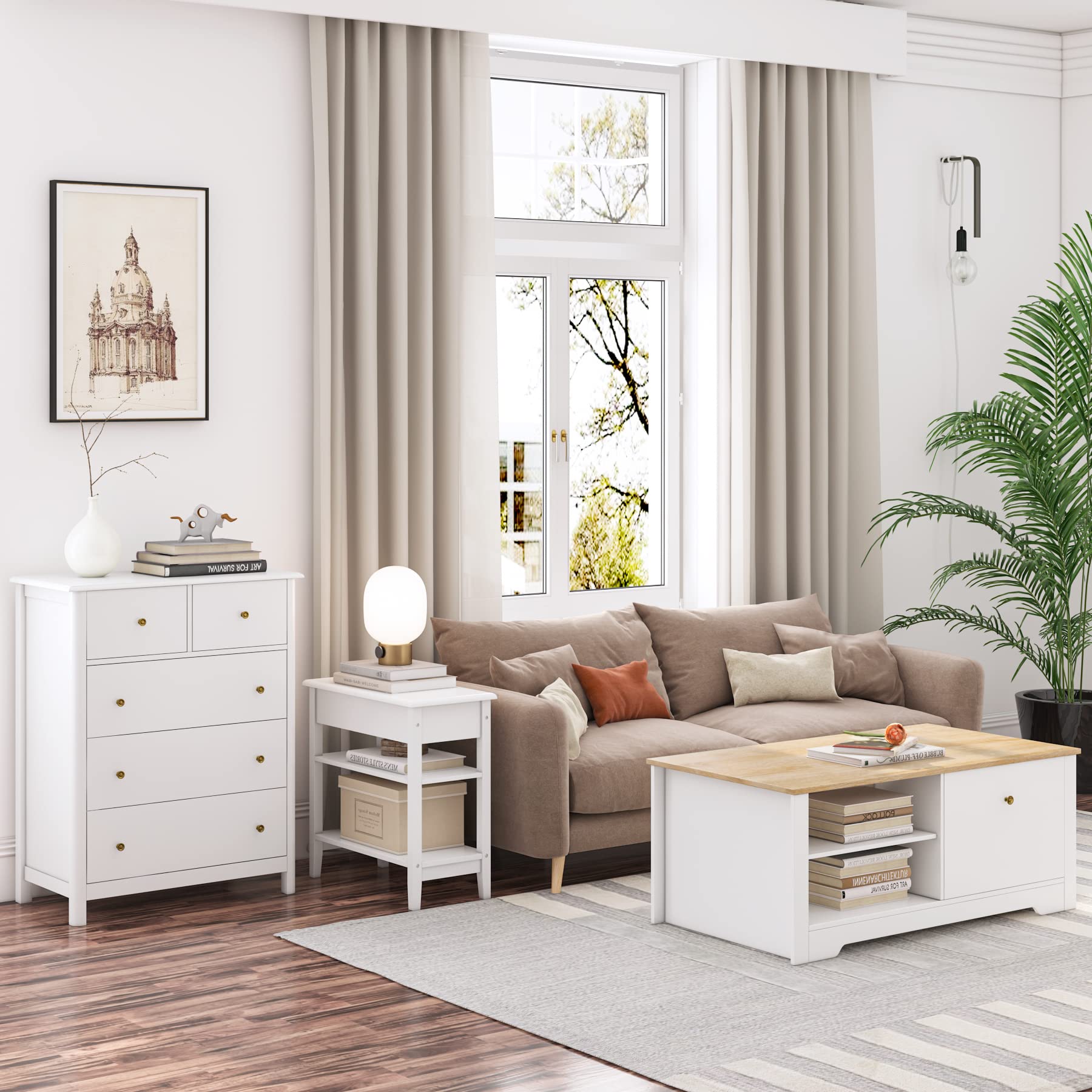 AilZylphera Ladekast wit met 7 lades, 152cm breed houten ladekast sideboard commode woonkamer eetkamerkast dressoir voor entree, slaapkamer en woonkamer, 152x40x89cm (wit