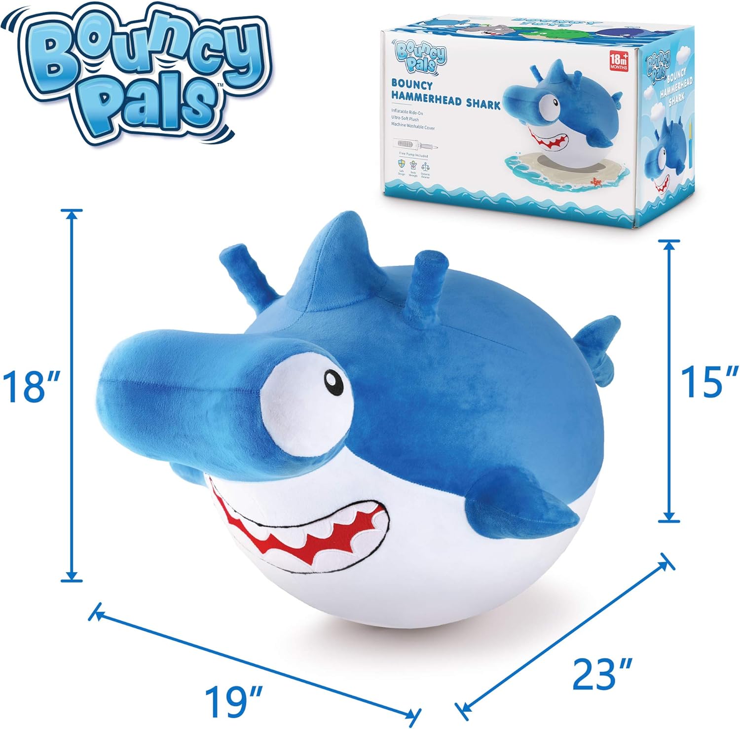 iPlay, iLearn Bouncy Pals Kid Shark Bouncy Balls, Toddler Hammer Head Shark Bouncing Ball W/Handle, Outside Ride Hopper Toy, Outdoor Active Hopping Jumper, Birthday Gift 2 3 4 5 6 Year Old Boy Girl