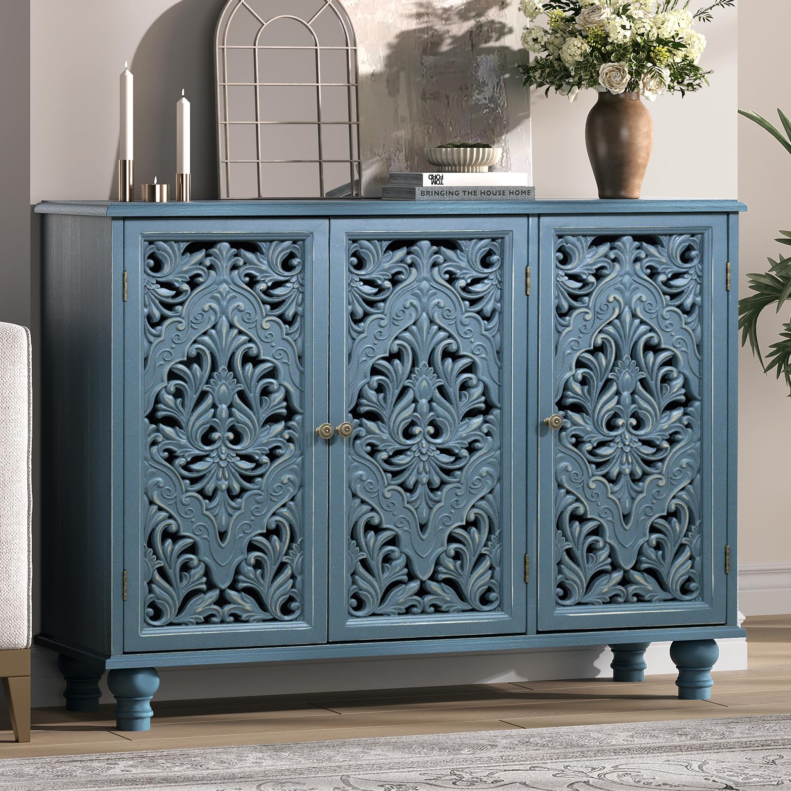 Accent Cabinet with 3 Doors, Decorative Storage Cabinet with Adjustable Shelf, Carved Sideboard Buffet with Solid Wood Legs for Living Room, Entryway, Kitchen, Hallway, Blue