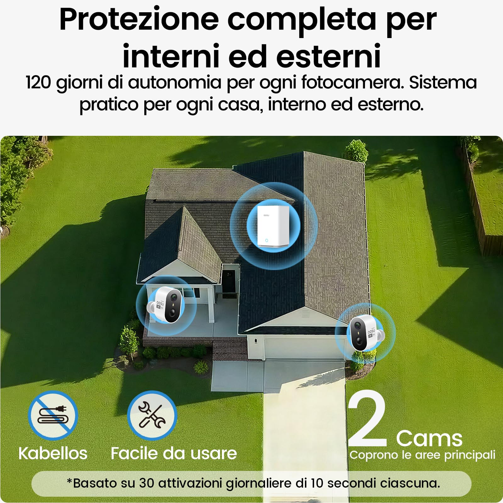 aosu Cámara de Vigilancia 2K Exterior e Interior Kit 2 Cámaras con Aosubase 2.0 Sin Suscripción 32GB Almacenamiento Local Cámara Inalámbrica Sensor PIR Alarma Luz Audio Bidireccional Visión Nocturna