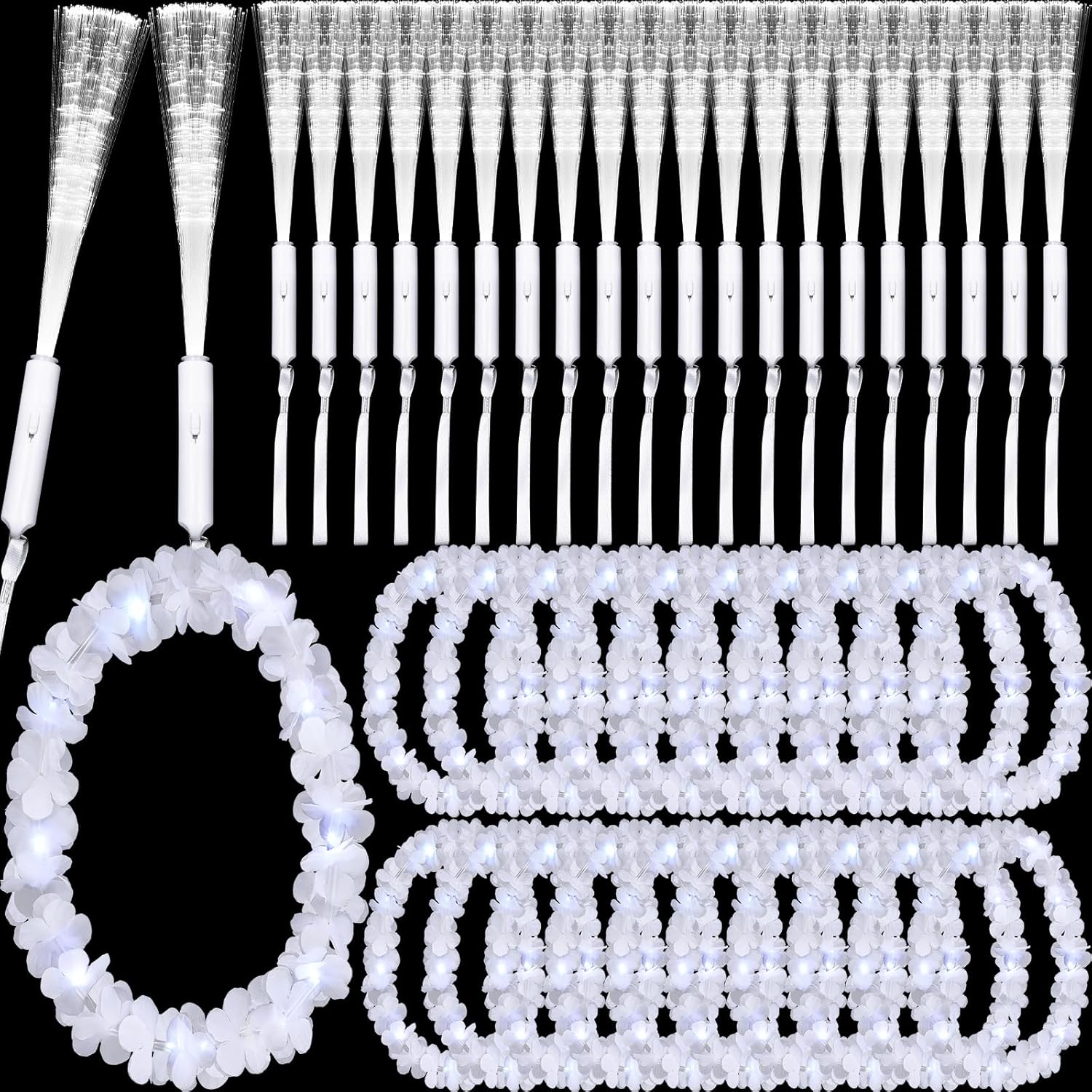 Sherr 40 Pcs White LED Hawaiian Leis and Fiber Optic Wands Set, 20 Light up Flower Leis Necklace 20 Wedding Fiber Wands Flashing Sticks Beach Tropical Carnival Party Supplies Luau for Masquerade