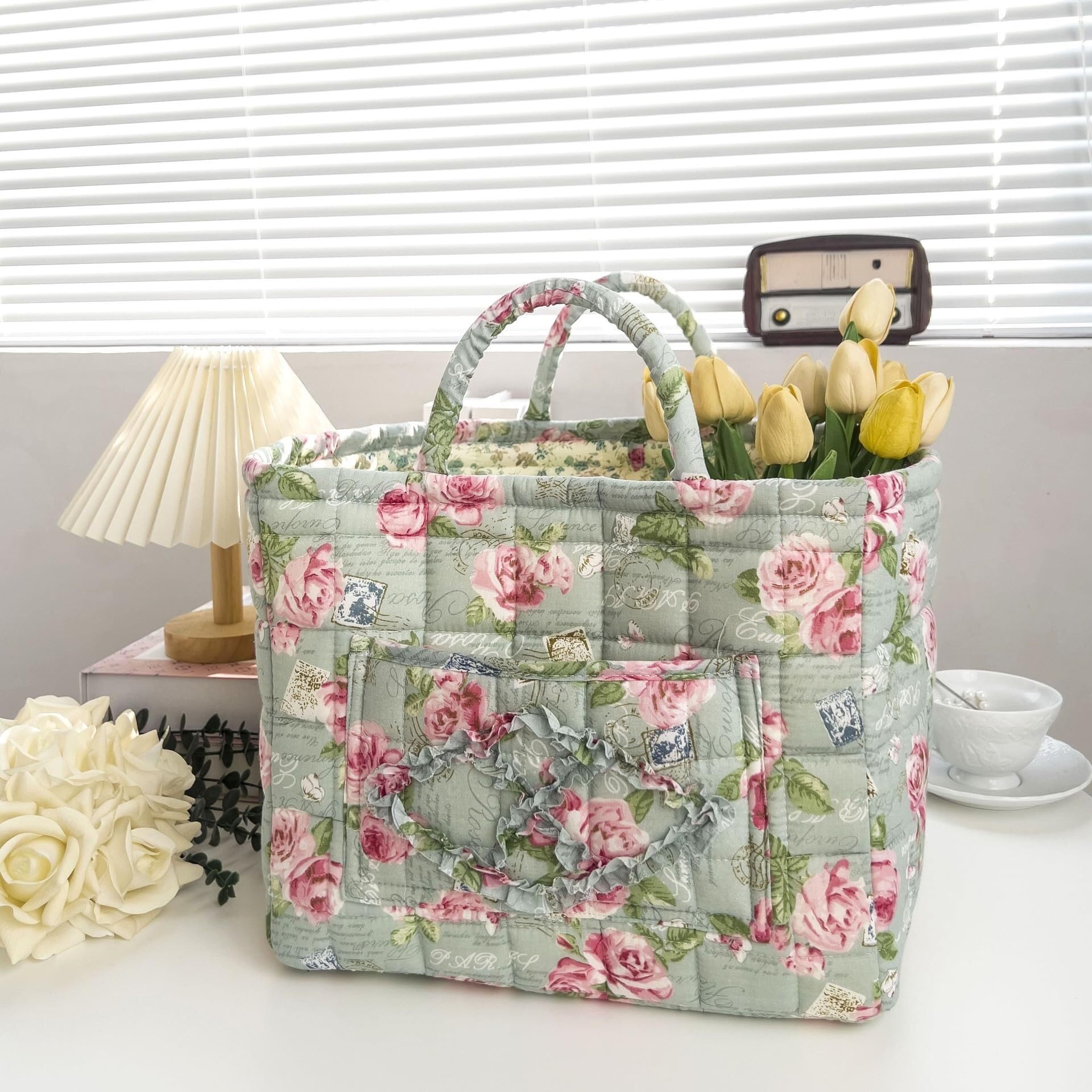 SYT-MD Boho-Chic Quilted Floral Storage Basket, Large Capacity Collapsible Laundry Hamper, for Clothes, Toys & Home Essentials(#014)