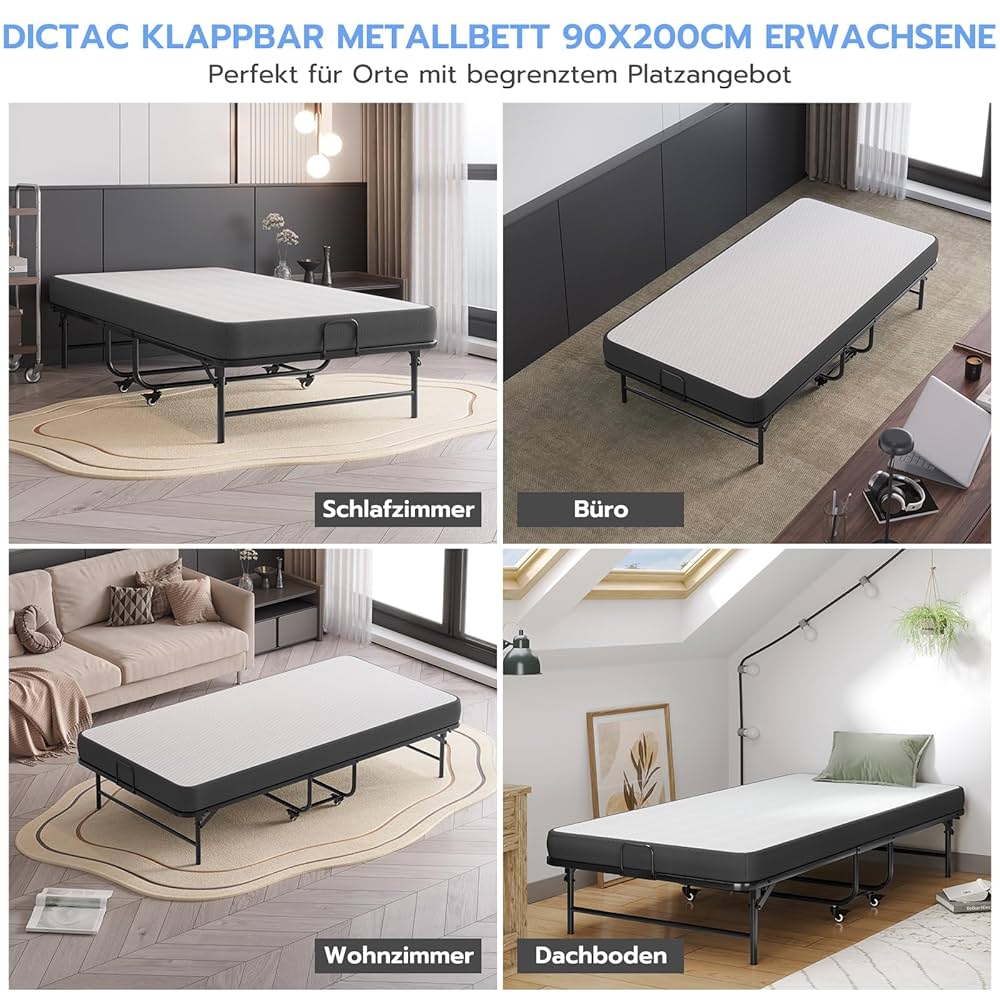 Lit Pliant 1 Personne DICTAC 90x200 Cm - Avec Matelas 10cm | Roulettes Et Sommier Métal | Charge 200kg